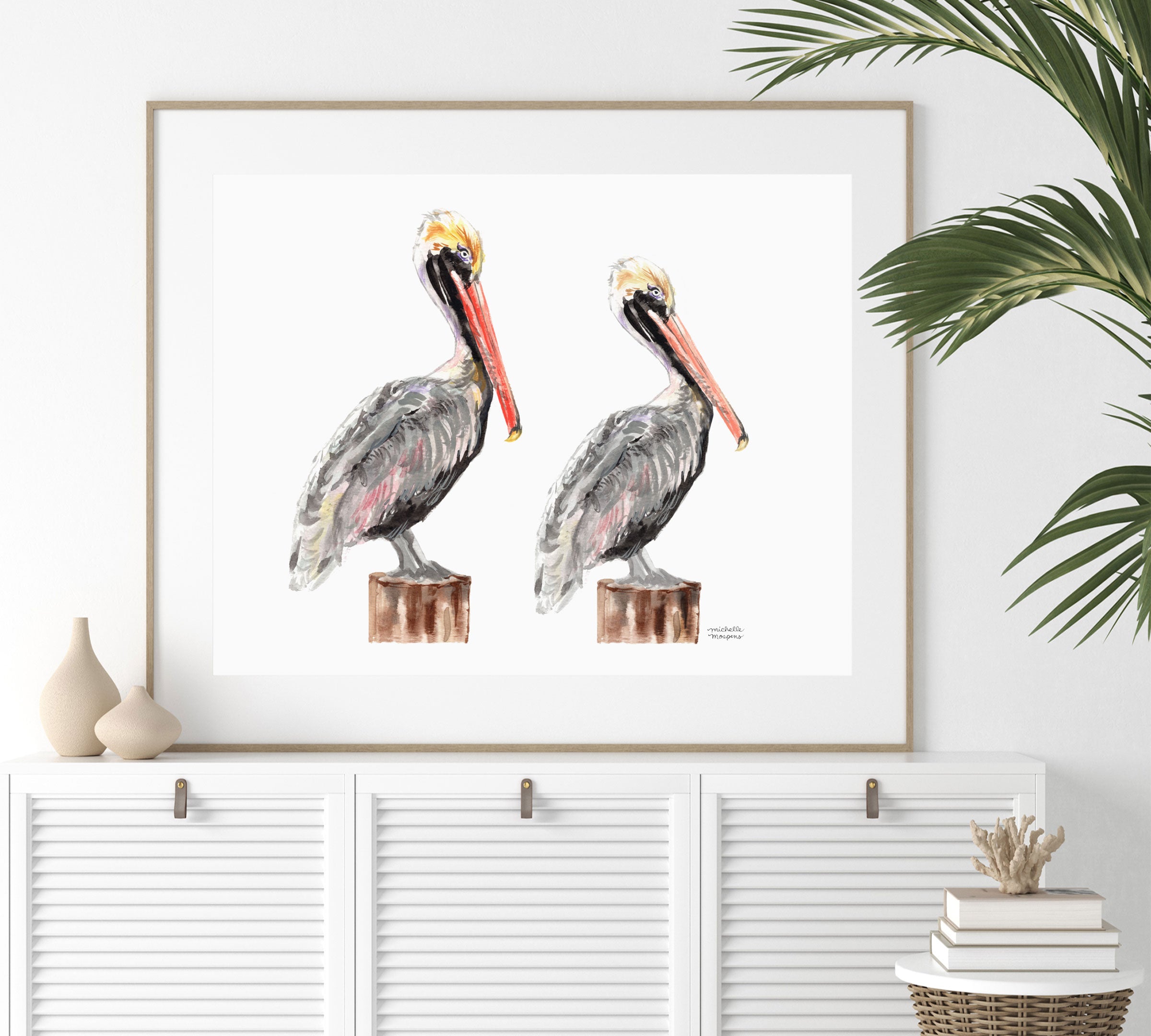 Hilton Head Island Pelicans Watercolor Coastal Wall Art Unframed Print