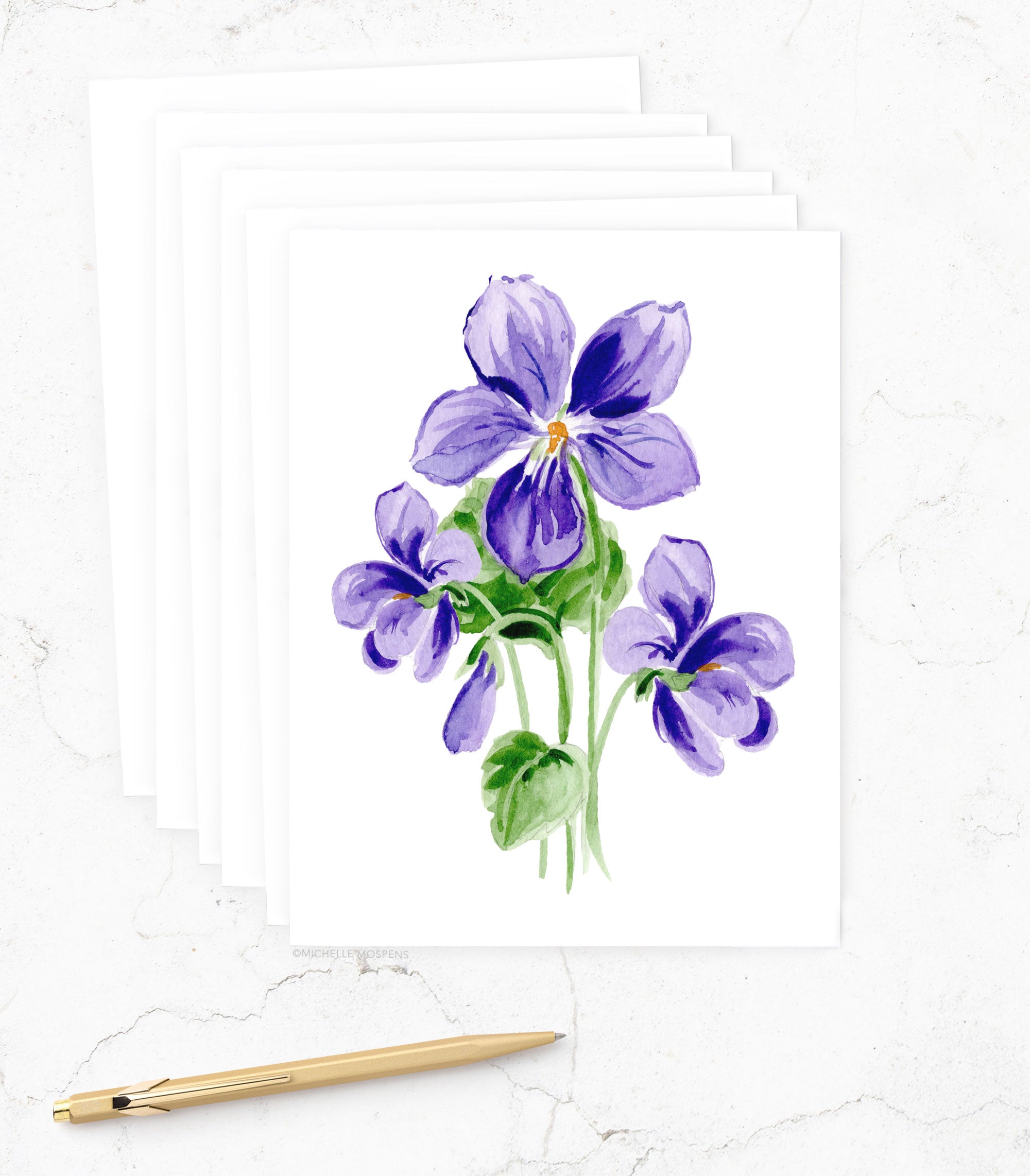Botanical Watercolor Violet Notecards, February Birth Flower Stationery | Michelle Mospens