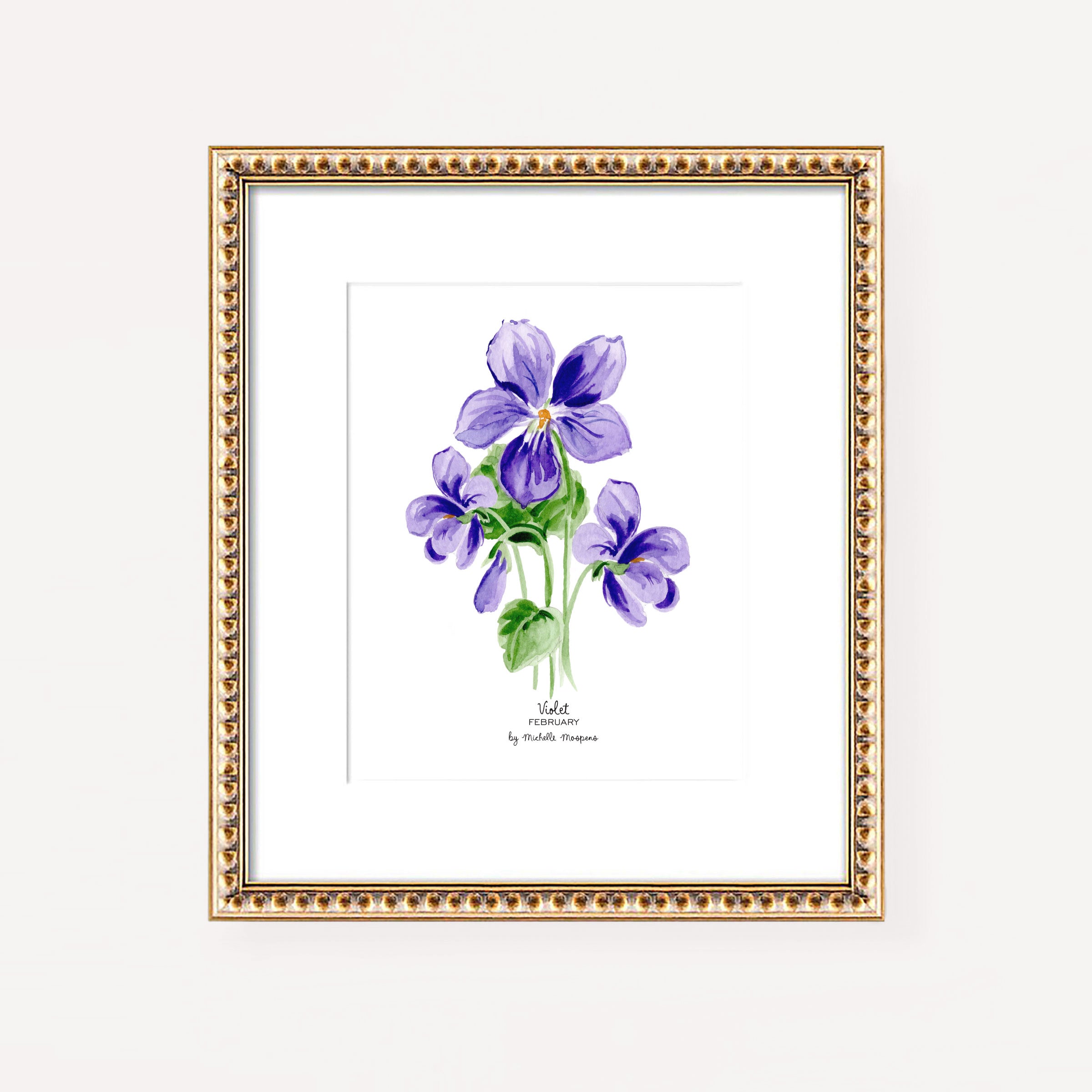 Violet February Birth Flower Botanical Watercolor Wall Art Print by Michelle Mospens