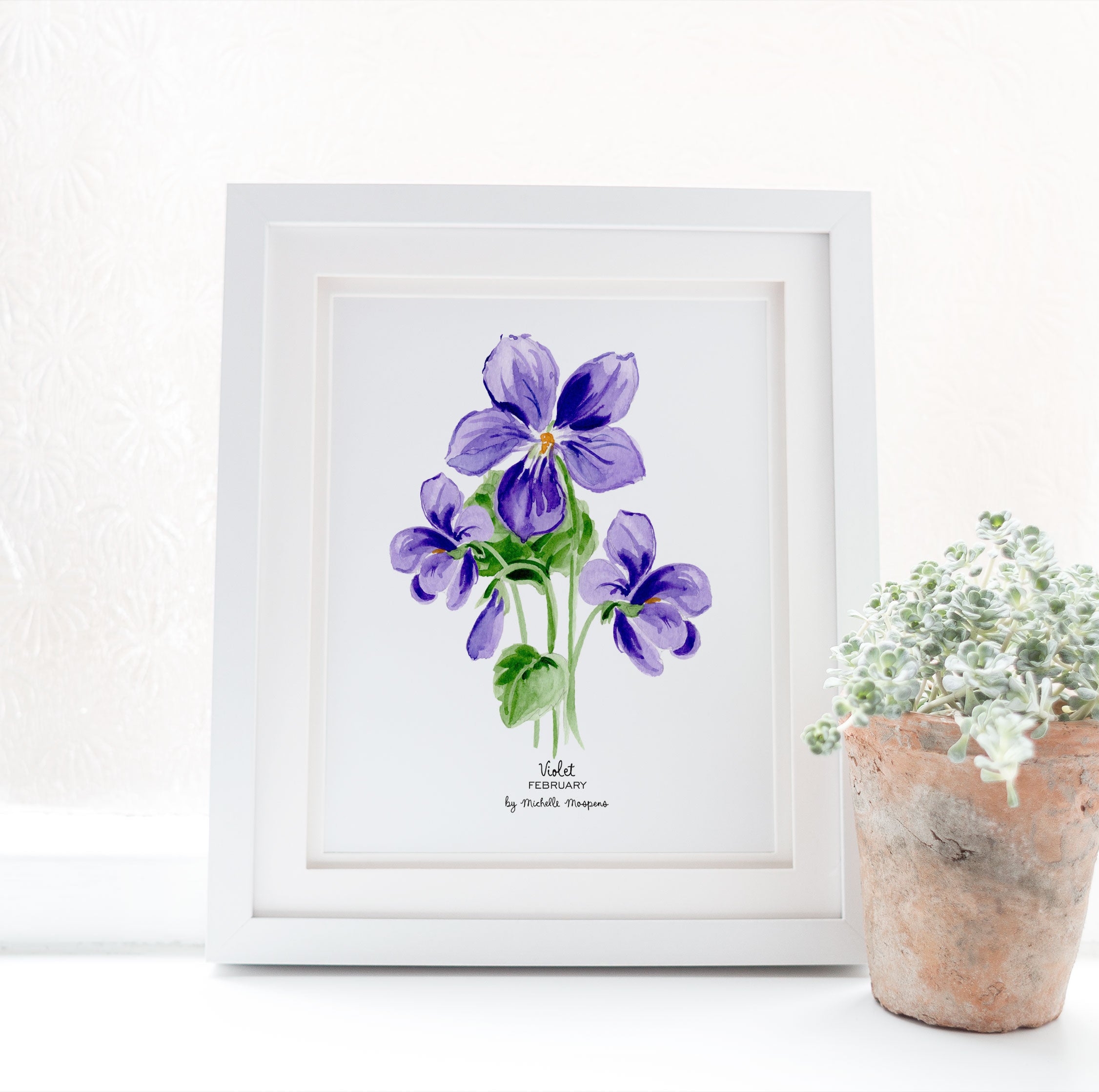 Violet February Birth Flower Botanical Watercolor Wall Art Print by Michelle Mospens