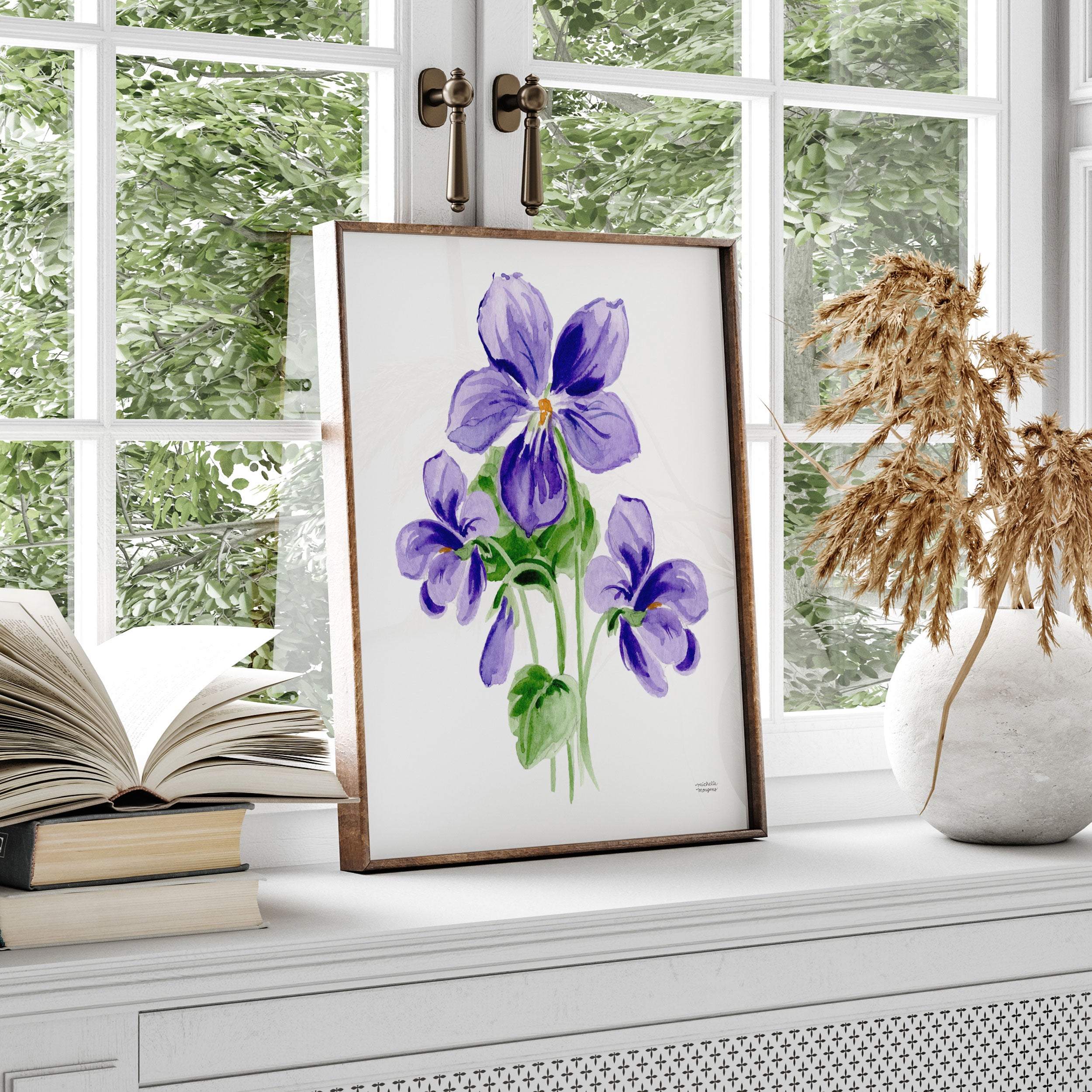 Violet Flowers Botanical Floral Watercolor Wall Art Print by Michelle Mospens