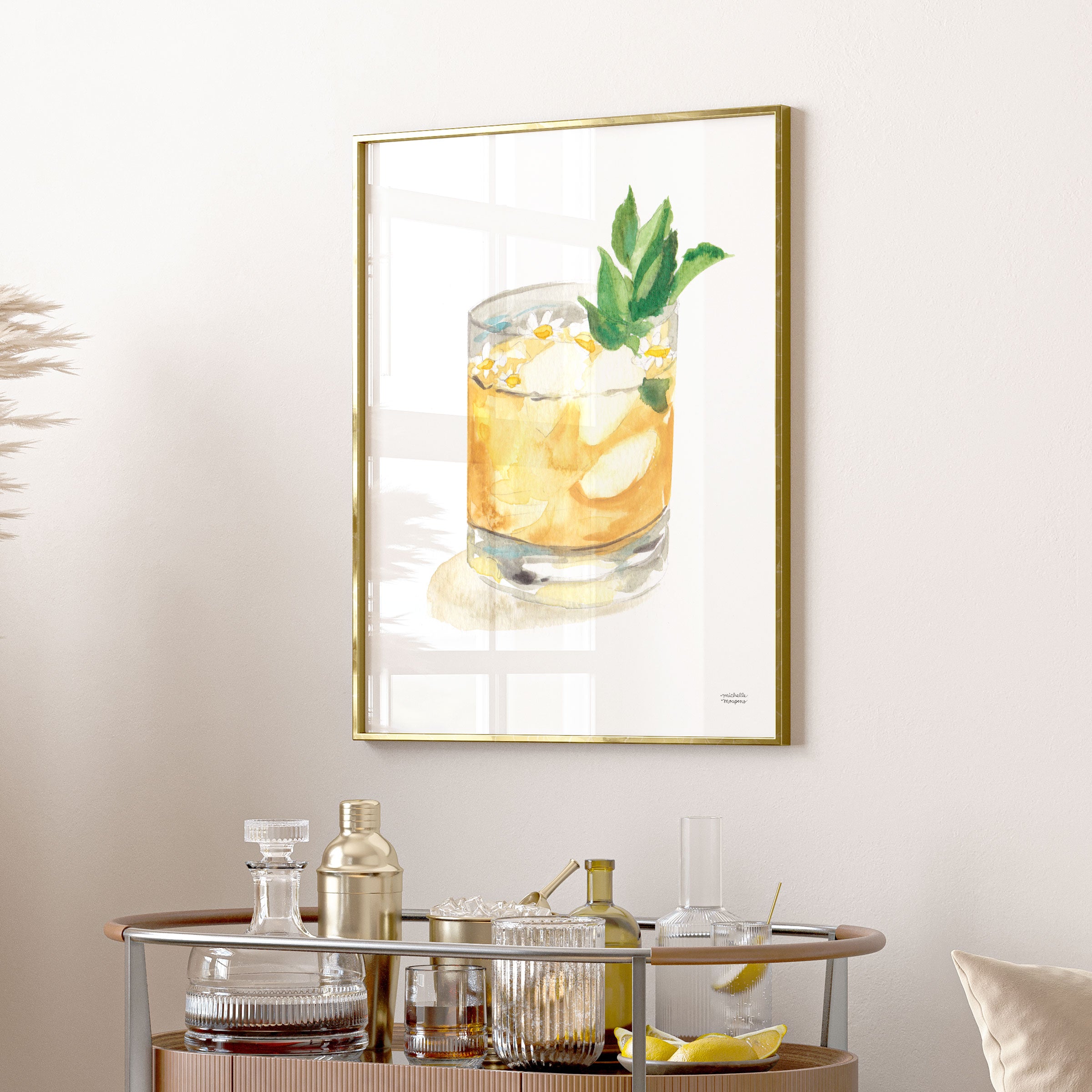 Watercolor Whiskey Smash Bar Cart Art Prints by Michelle Mospens | Cute Cocktail Wall Art