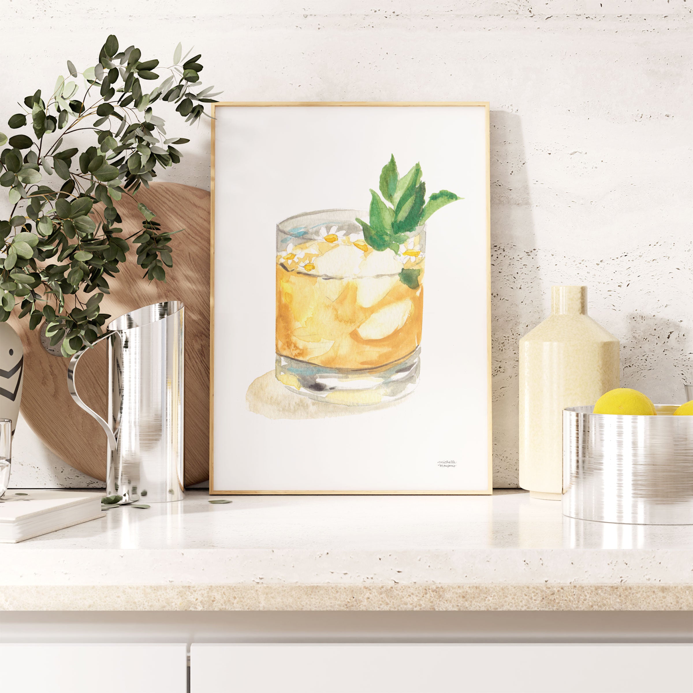 Cute Watercolor Bar Cart Decor Unframed South Side Cocktail Wall Art Print - Michelle Mospens
