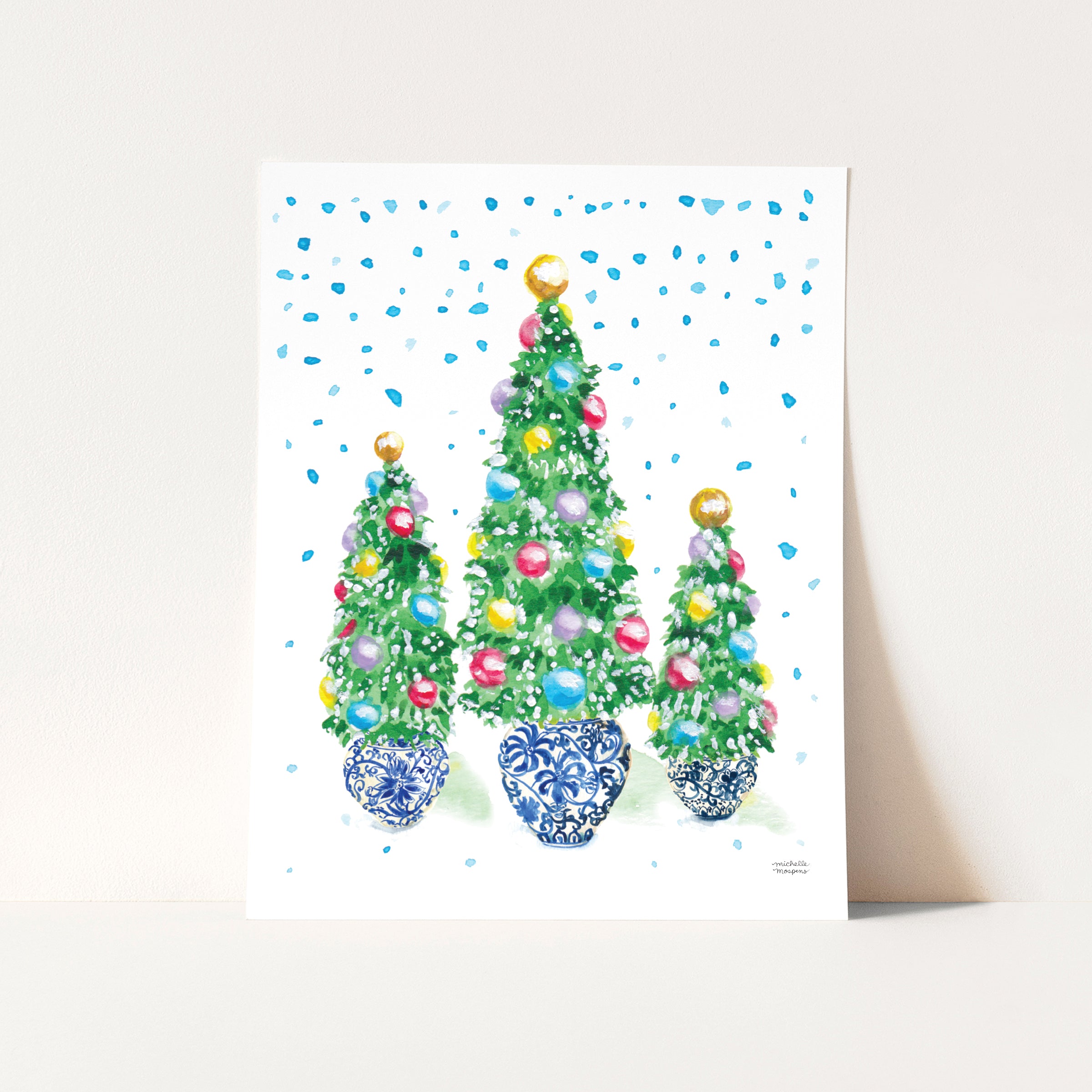 A watercolor painting of chinoiserie ginger jars Christmas Trees. The Christmas trees have colorful ornaments and snow is falling in background. Christmas wall art for grandmillennial decor.