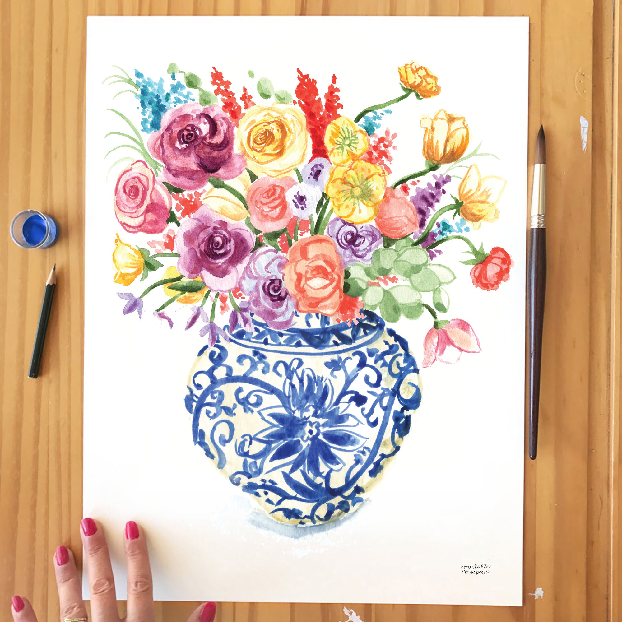 Colorful Watercolor Chinoiserie Ginger Jar and Florals No16 Wall Art Print