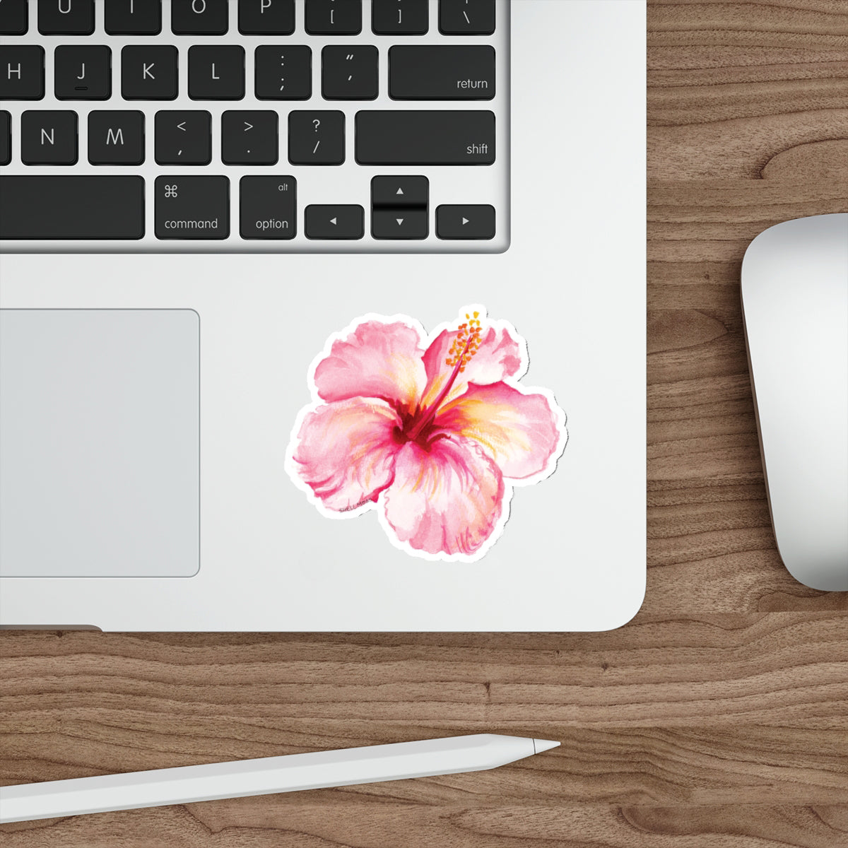 Watercolor Illustrated Pink Hibiscus Flower Die-cut Vinyl Sticker, removable, for laptops, waterbottles, cars, and more!