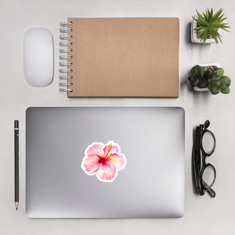 Watercolor Illustrated Pink Hibiscus Flower Die-cut Vinyl Sticker, removable, for laptops, waterbottles, cars, and more!