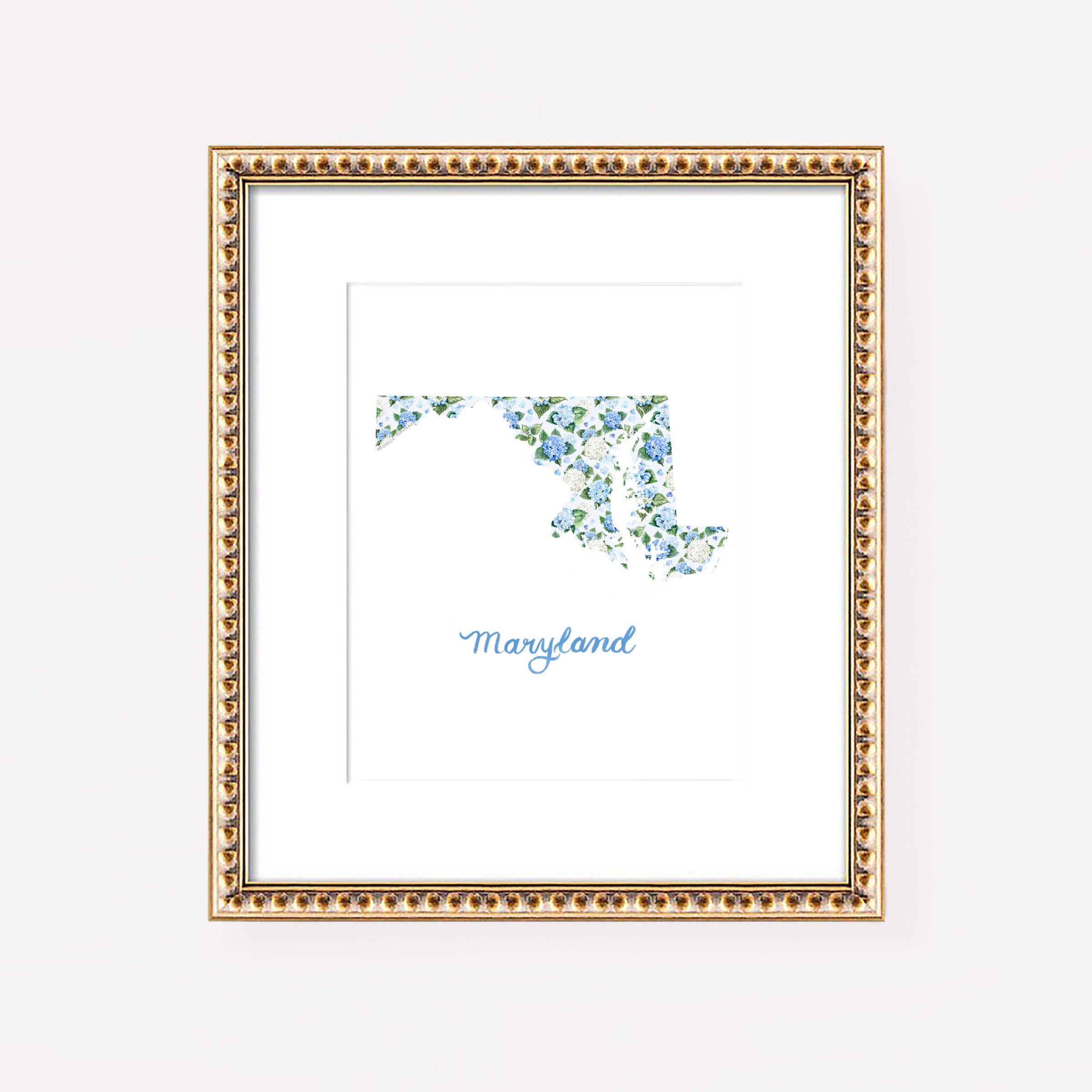 Watercolor hydrangea floral map of Maryland wall art print on a white coverstock, unframed, cute Maryland gift