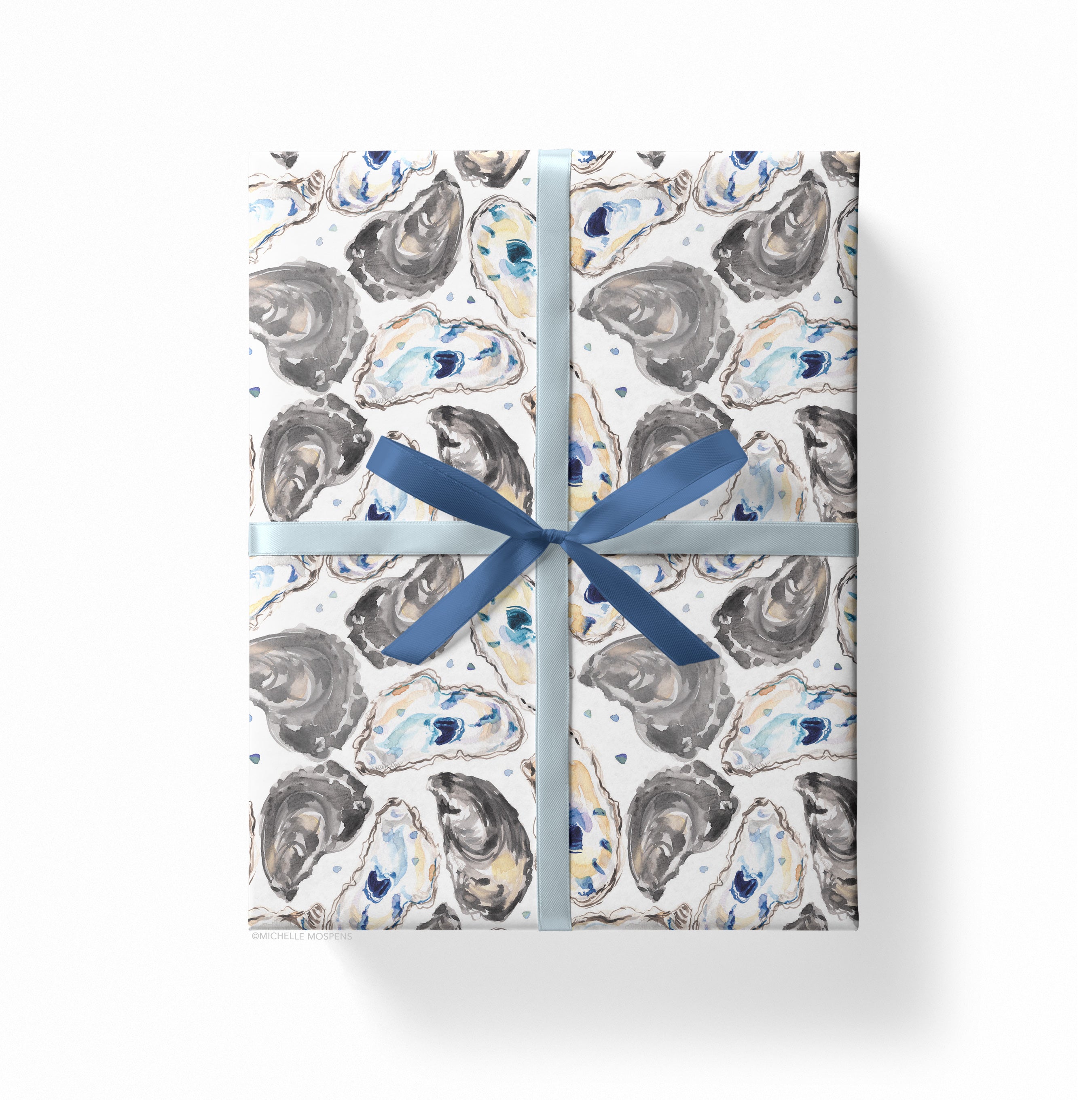 Watercolor Coastal Wrapping Paper by Michelle Mospens, Beach Oyster Shells Wrapping Paper, Holiday, Christmas, Birthday Gift Wrap