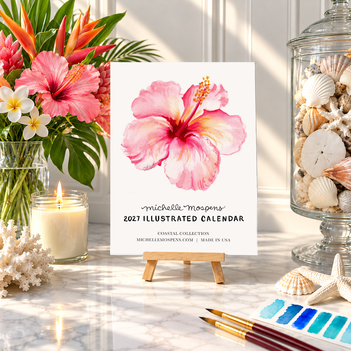 Watercolor Coastal Mini Monthly 2027 Desk Calendar by Michelle Mospens
