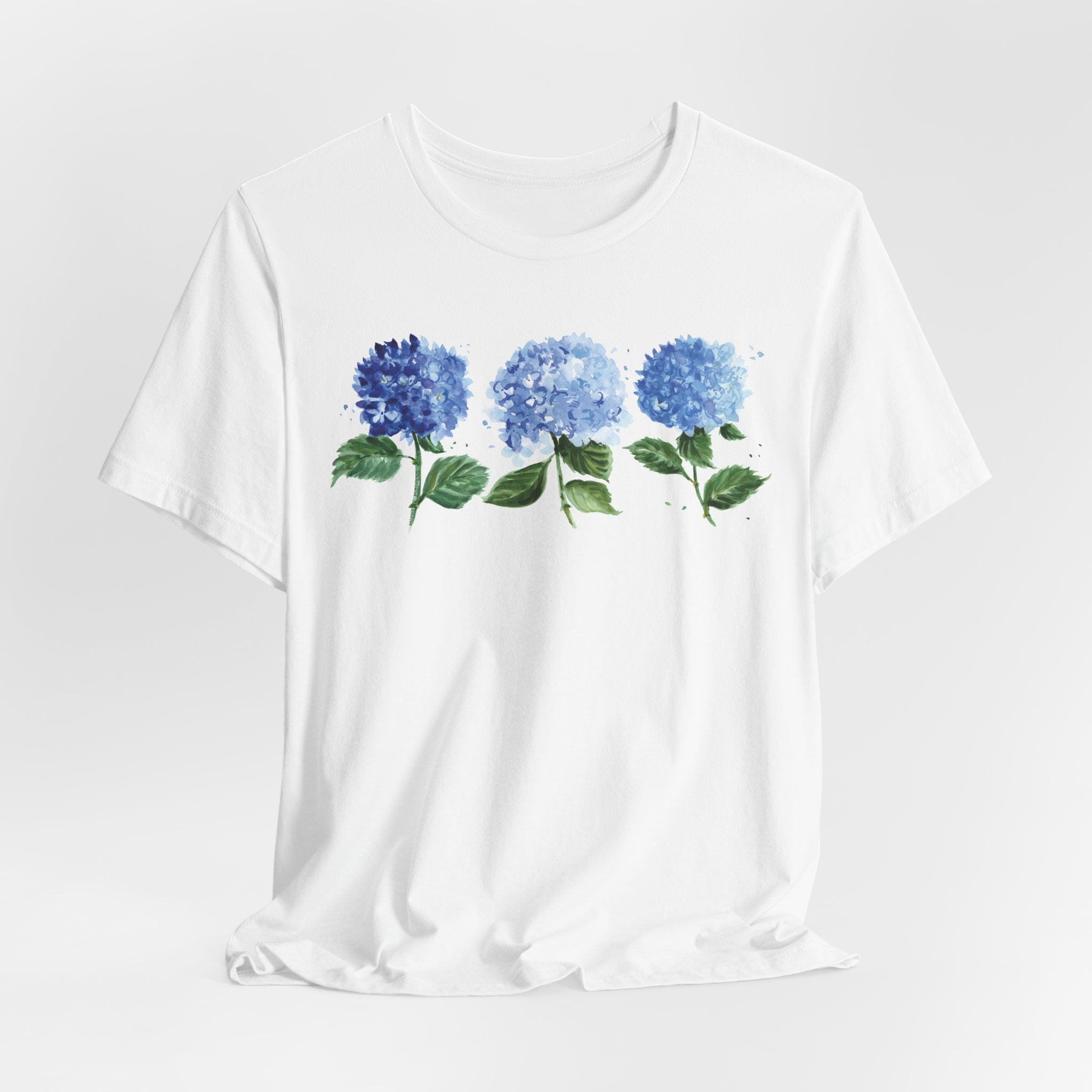 Watercolor Blue Hydrangea Flowers Unisex Jersey Short Sleeve T-shirt - Botanical Shirt