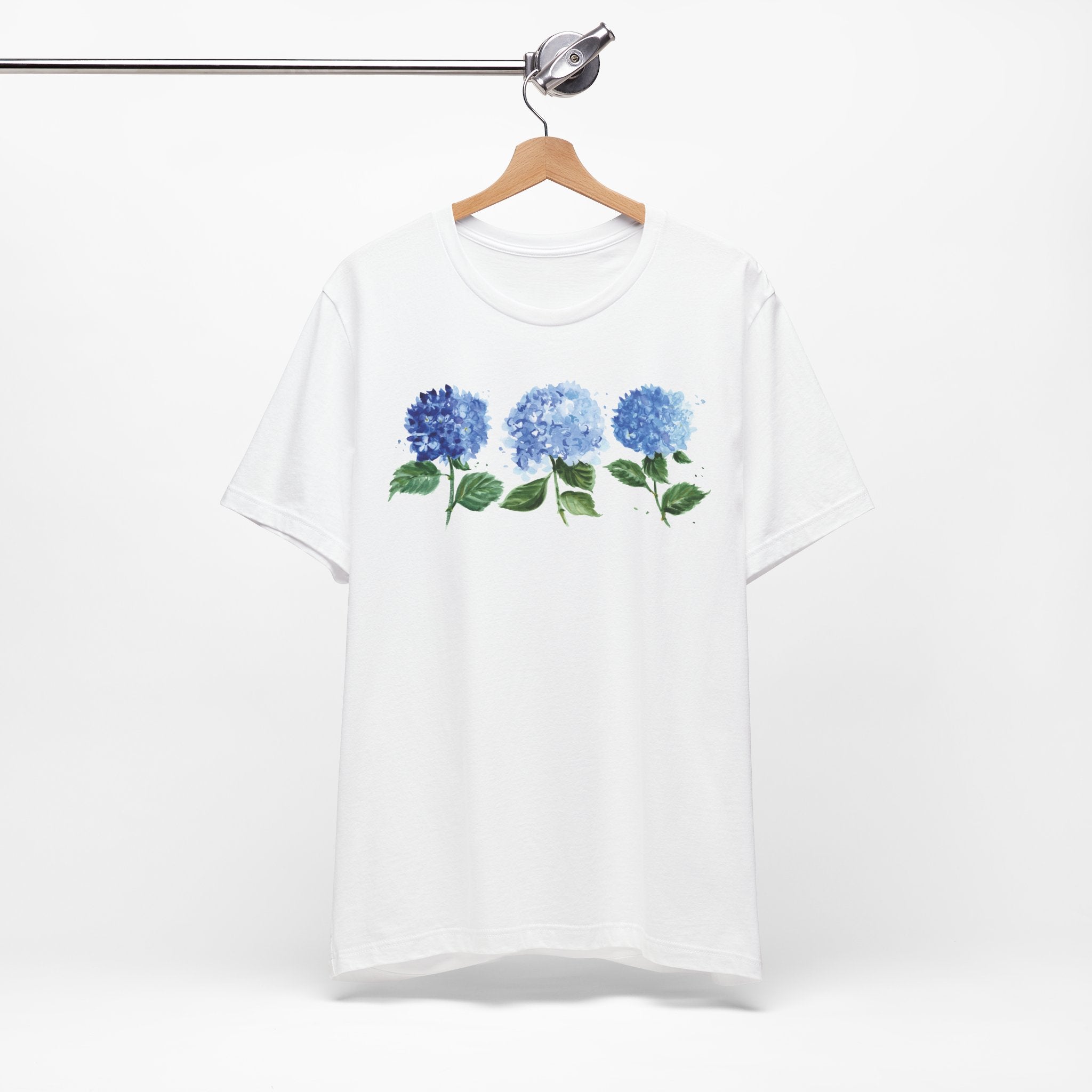 Watercolor Blue Hydrangea Flowers Unisex Jersey Short Sleeve T-shirt - Botanical Shirt