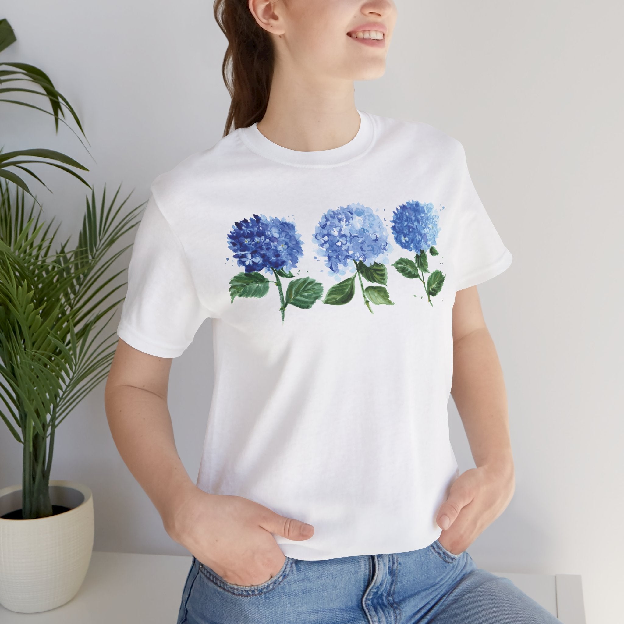 Watercolor Blue Hydrangea Flowers Unisex Jersey Short Sleeve T-shirt - Botanical Shirt