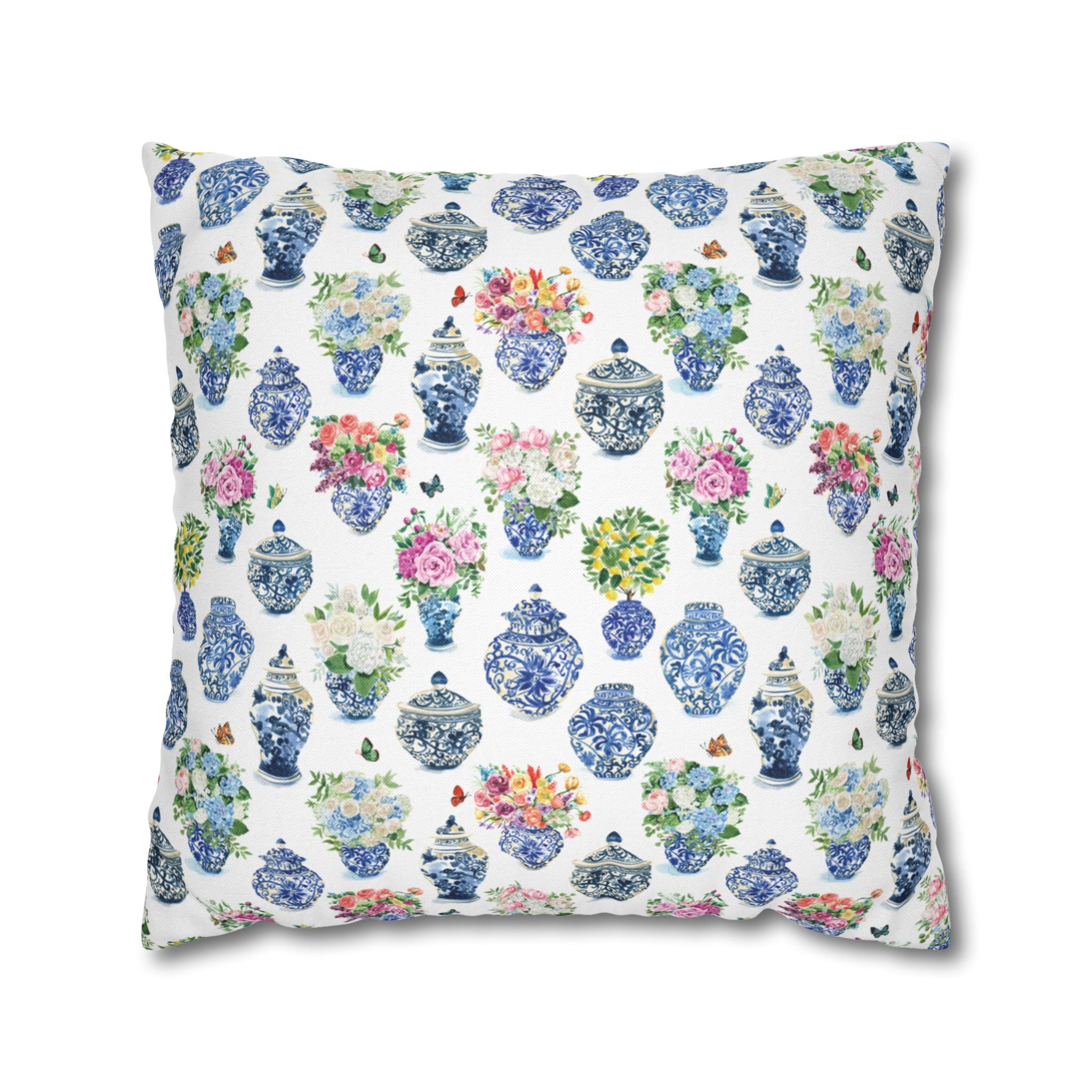 Watercolor Ginger Jar Bouquets Grandmillennial Floral Decorative Pillow Cover Case