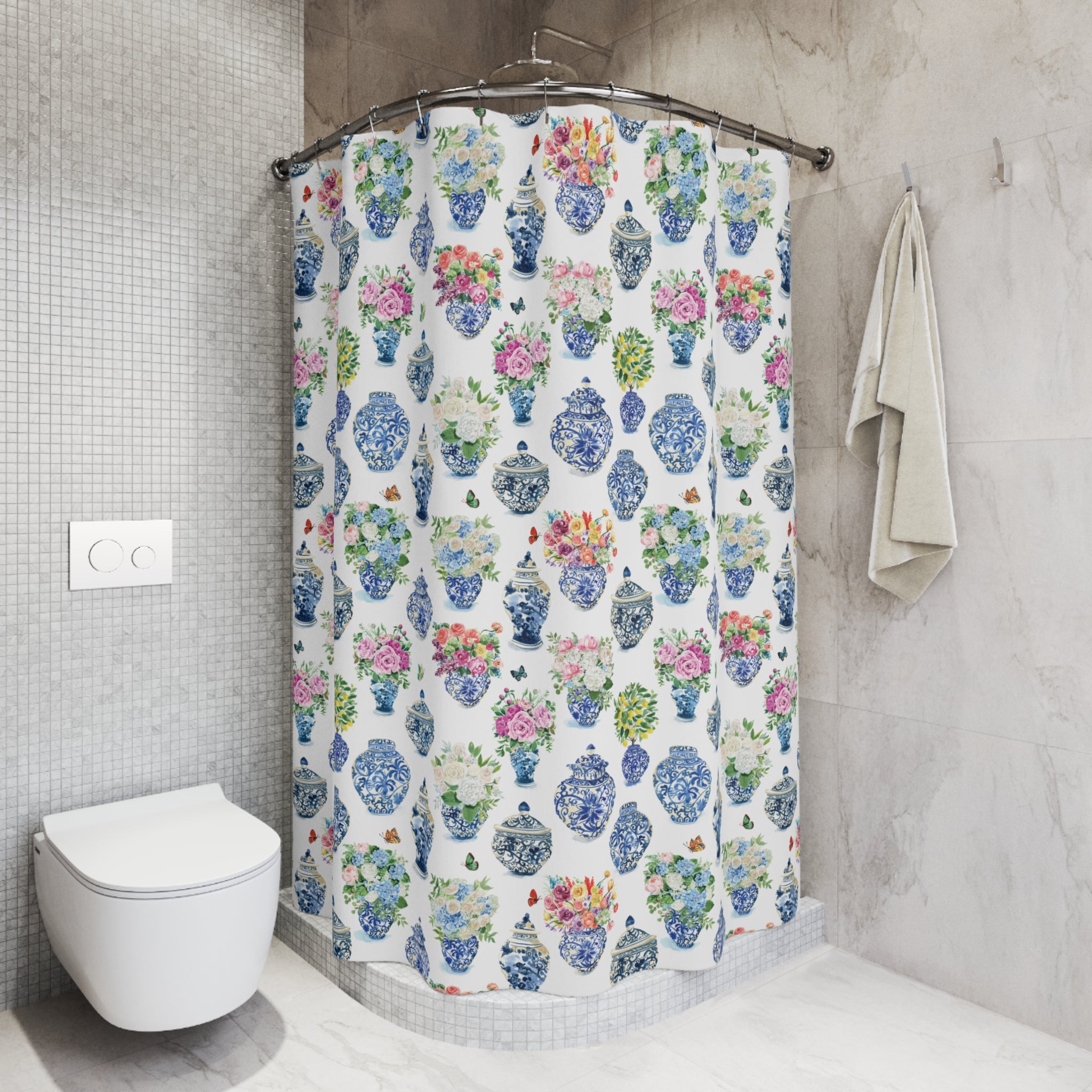 Watercolor Ginger Jar Bouquets Grandmillennial Shower Curtain