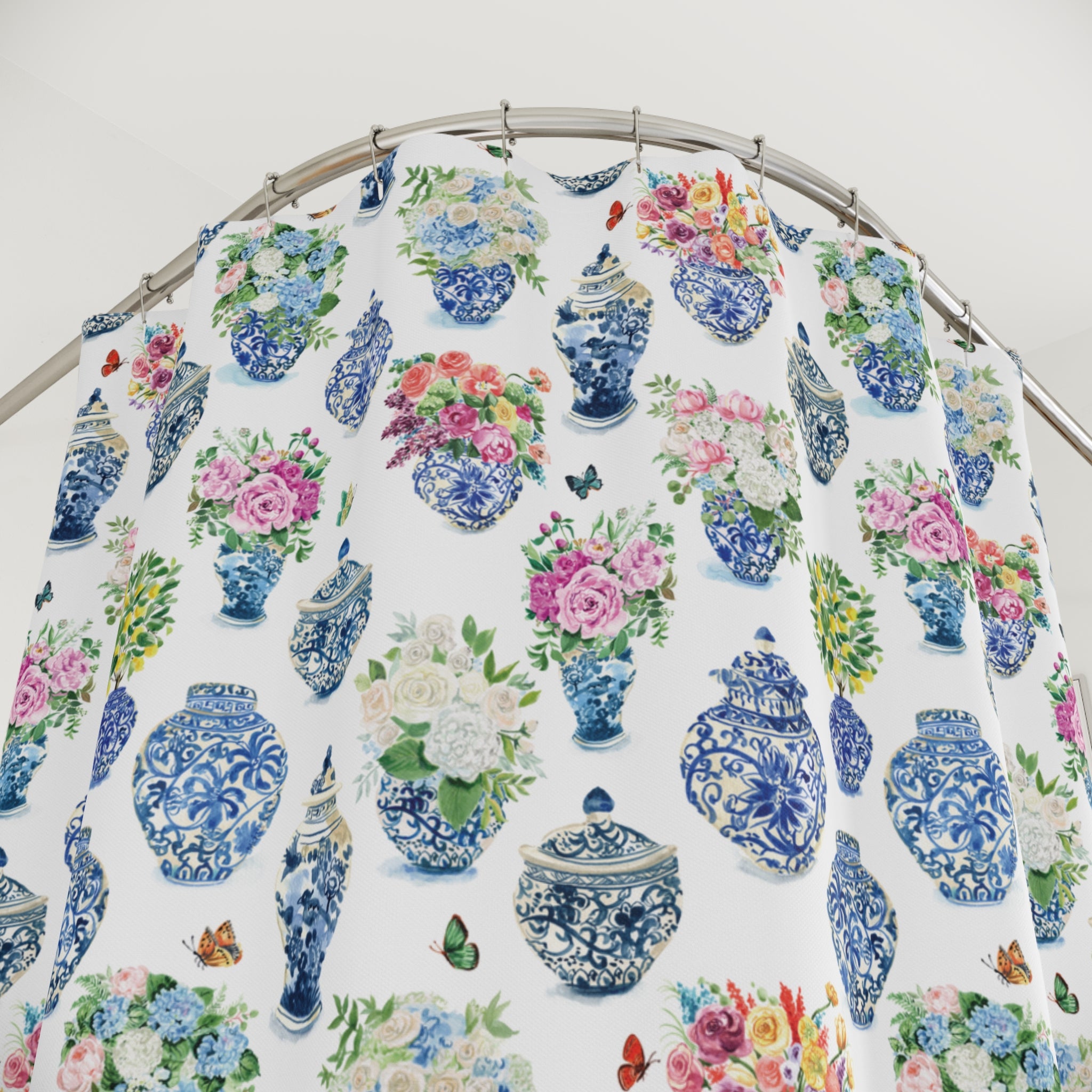 Watercolor Ginger Jar Bouquets Grandmillennial Shower Curtain
