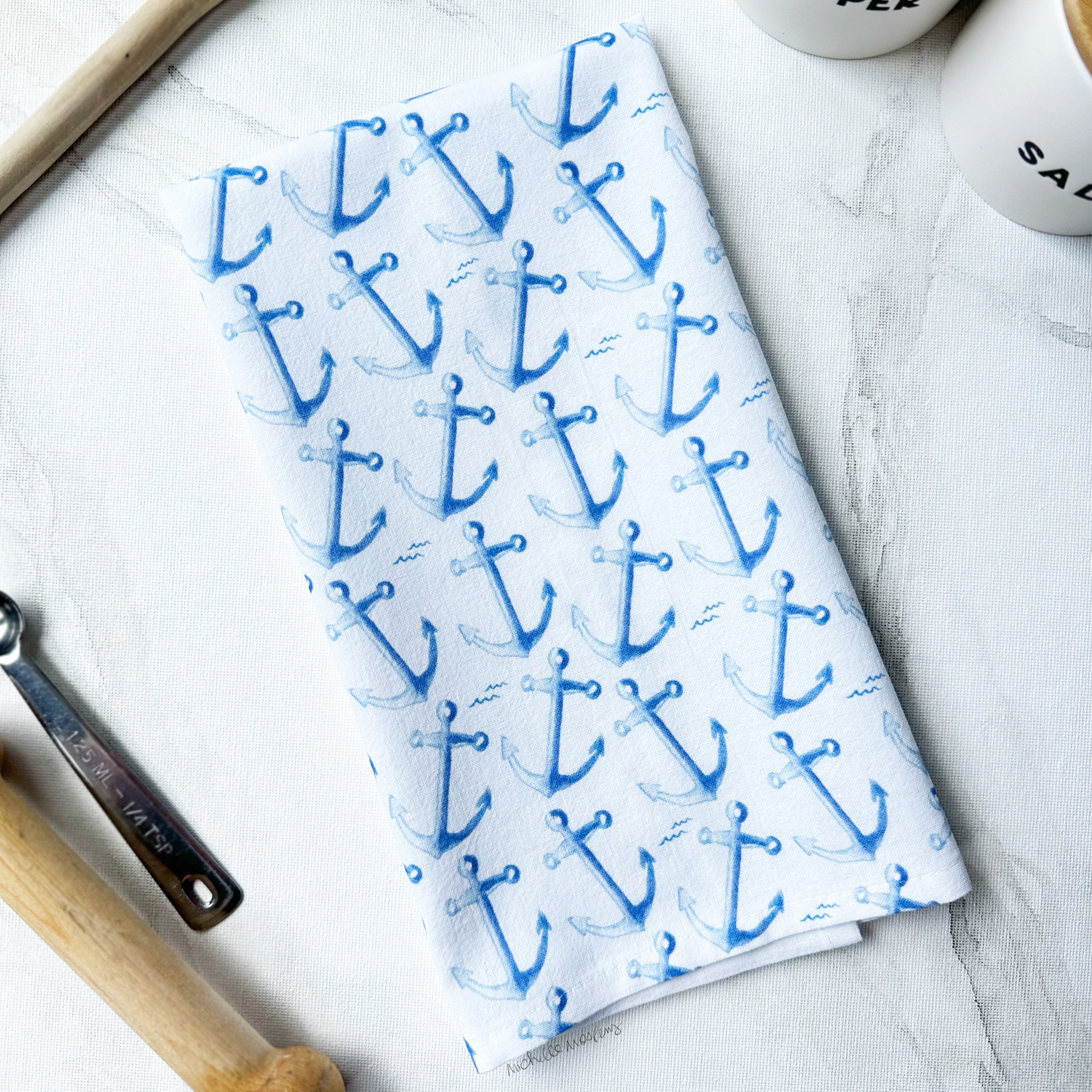 Watercolor Anchors Kitchen Tea Towel by Michelle Mospens