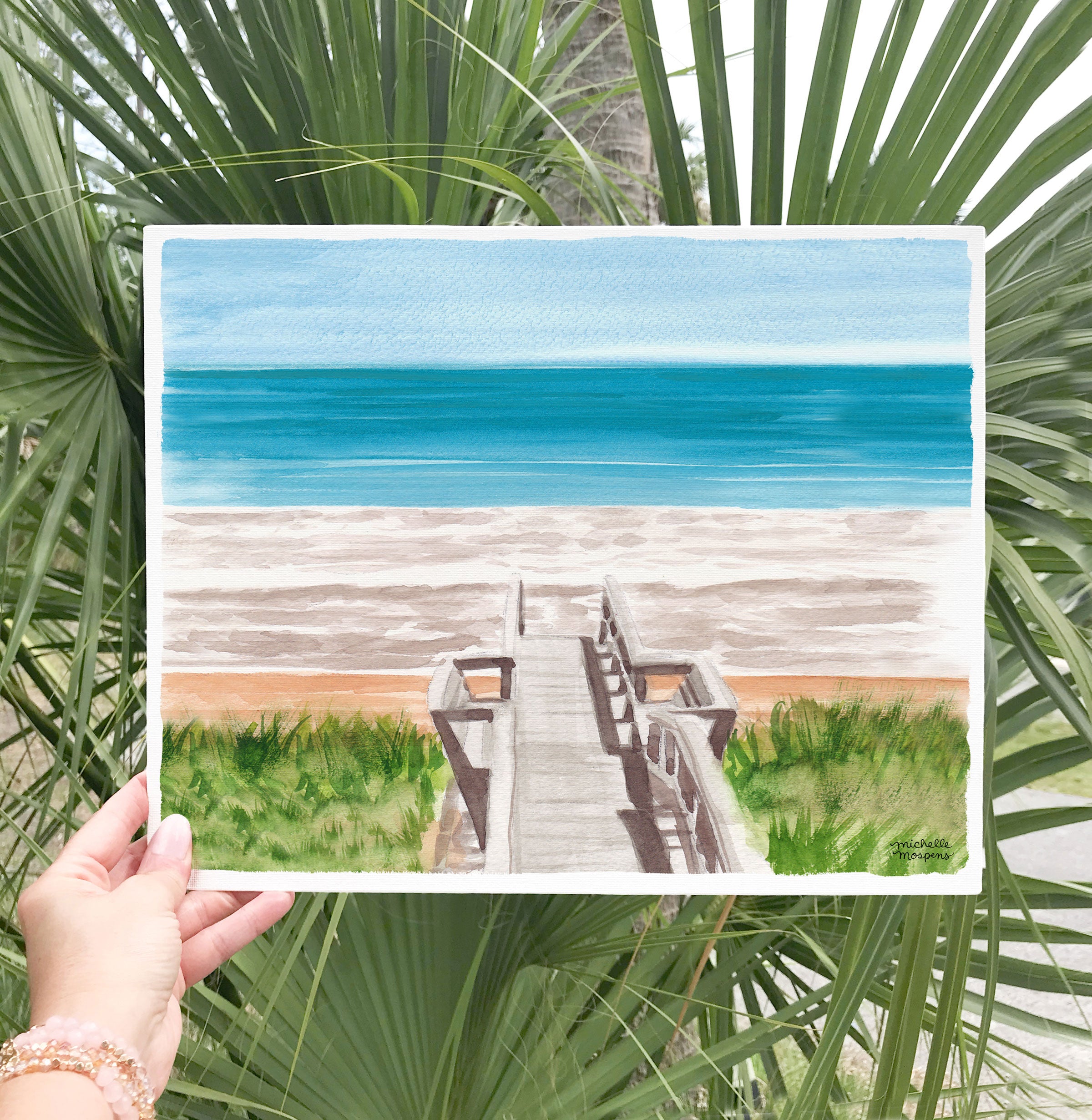 Coastal Wall Art Beach Boardwalk Print Watercolor Ocean by Michelle Mospens