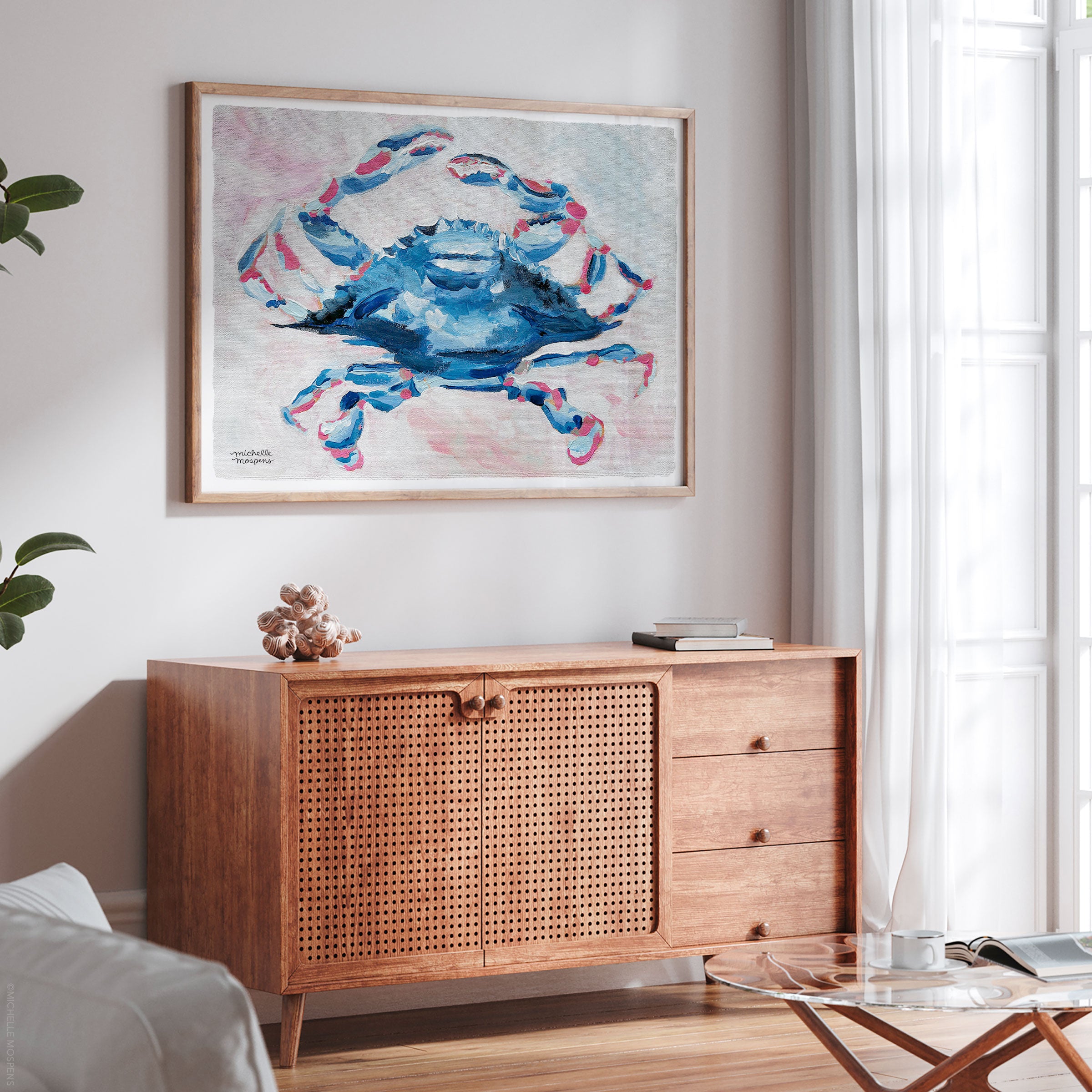 Pinch Me Blue Crab Painting Wall Art Print by Michelle Mospens