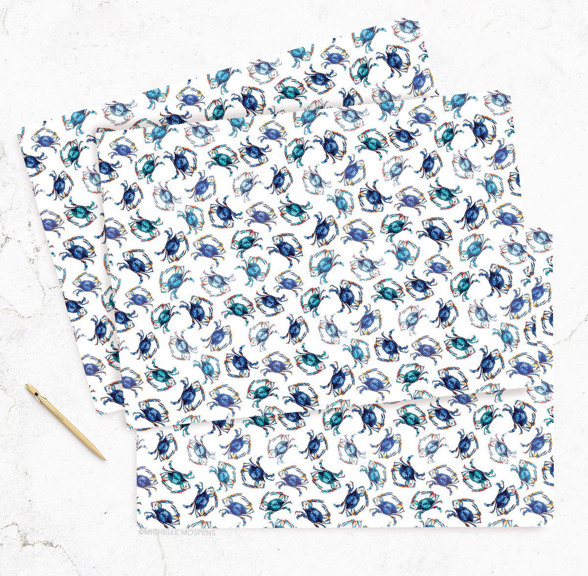 Watercolor Coastal Wrapping Paper by Michelle Mospens, Beach Blue Crab Wrapping Paper, Holiday, Christmas, Birthday Gift Wrap