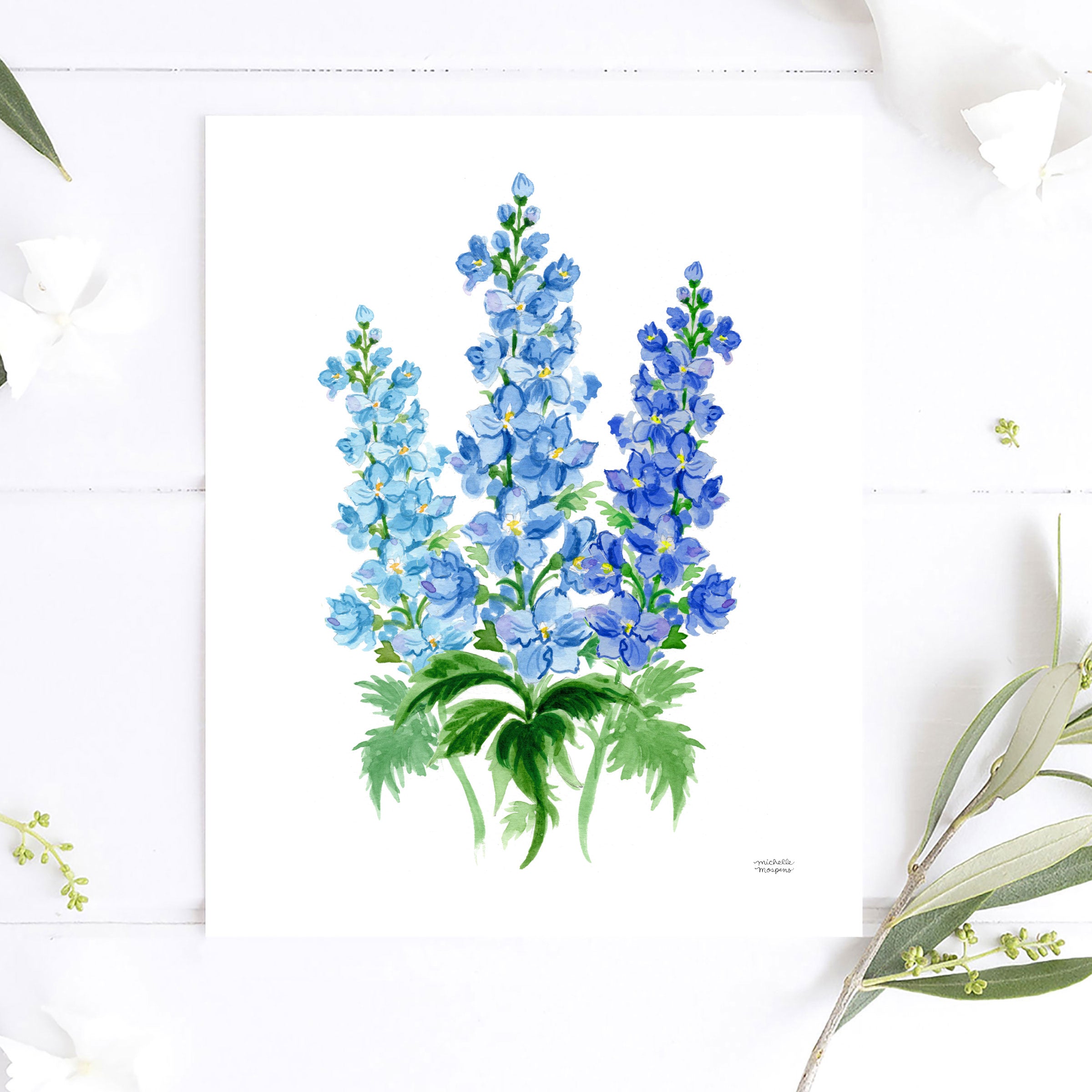 Blue Delphinium Flowers Botanical Floral Watercolor Wall Art Print by Michelle Mospens