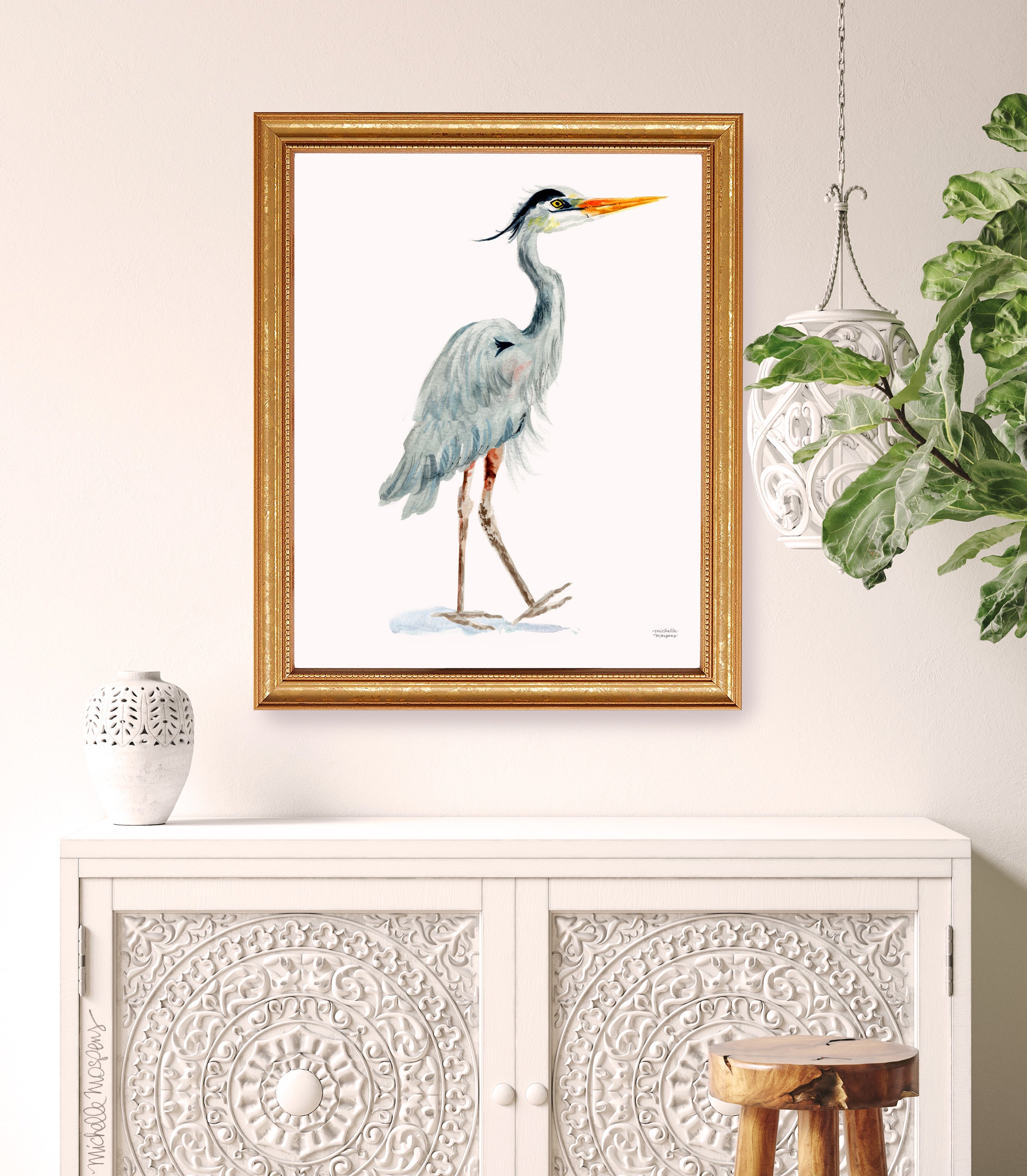 Watercolor Coastal Great Blue Heron No2 Beach Bird Wall Art Print by Michelle Mospens