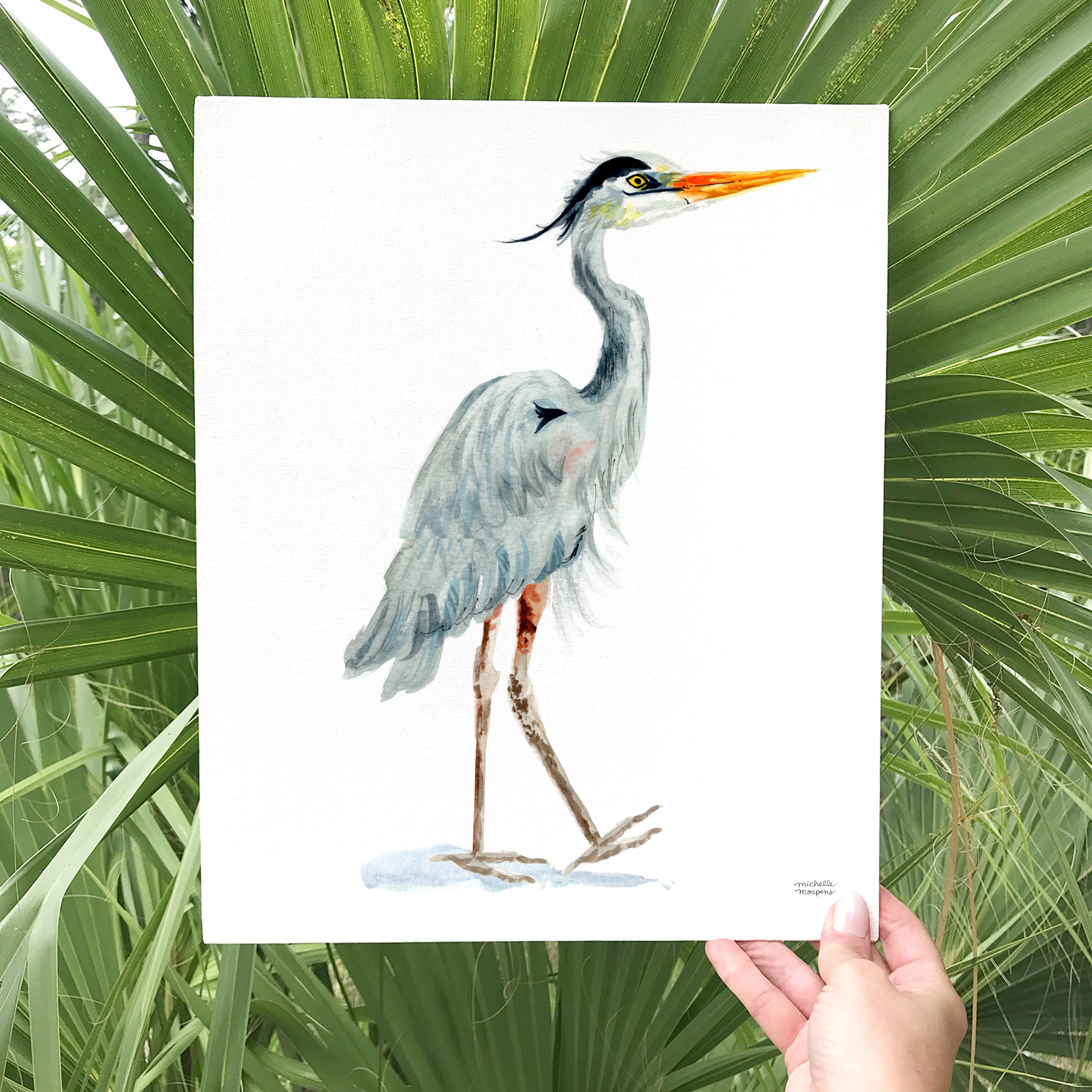 Watercolor Coastal Great Blue Heron No2 Beach Bird Wall Art Print by Michelle Mospens