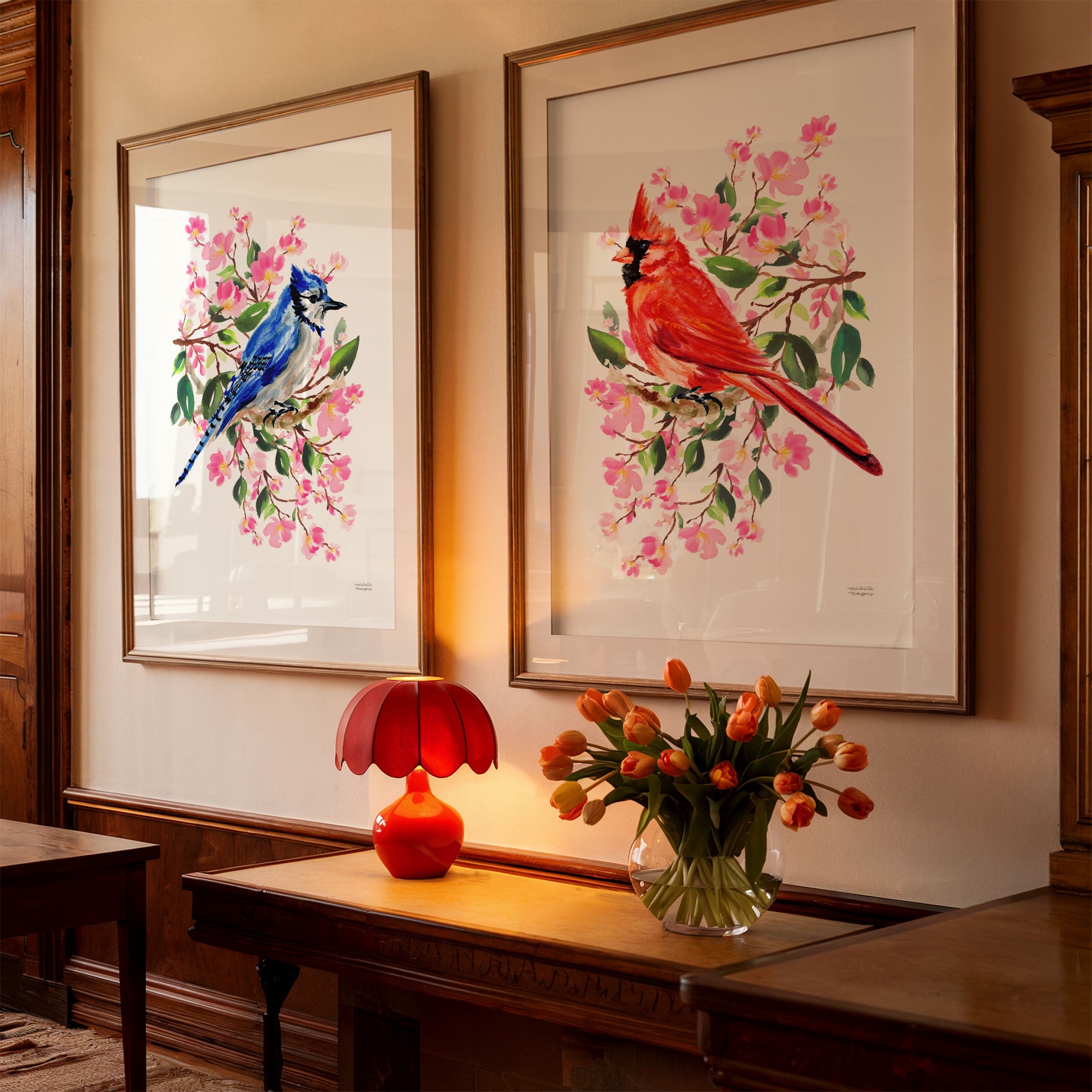 Watercolor Cardinal & Blue Jay Set of 2 Wall Art | Michelle Mospens