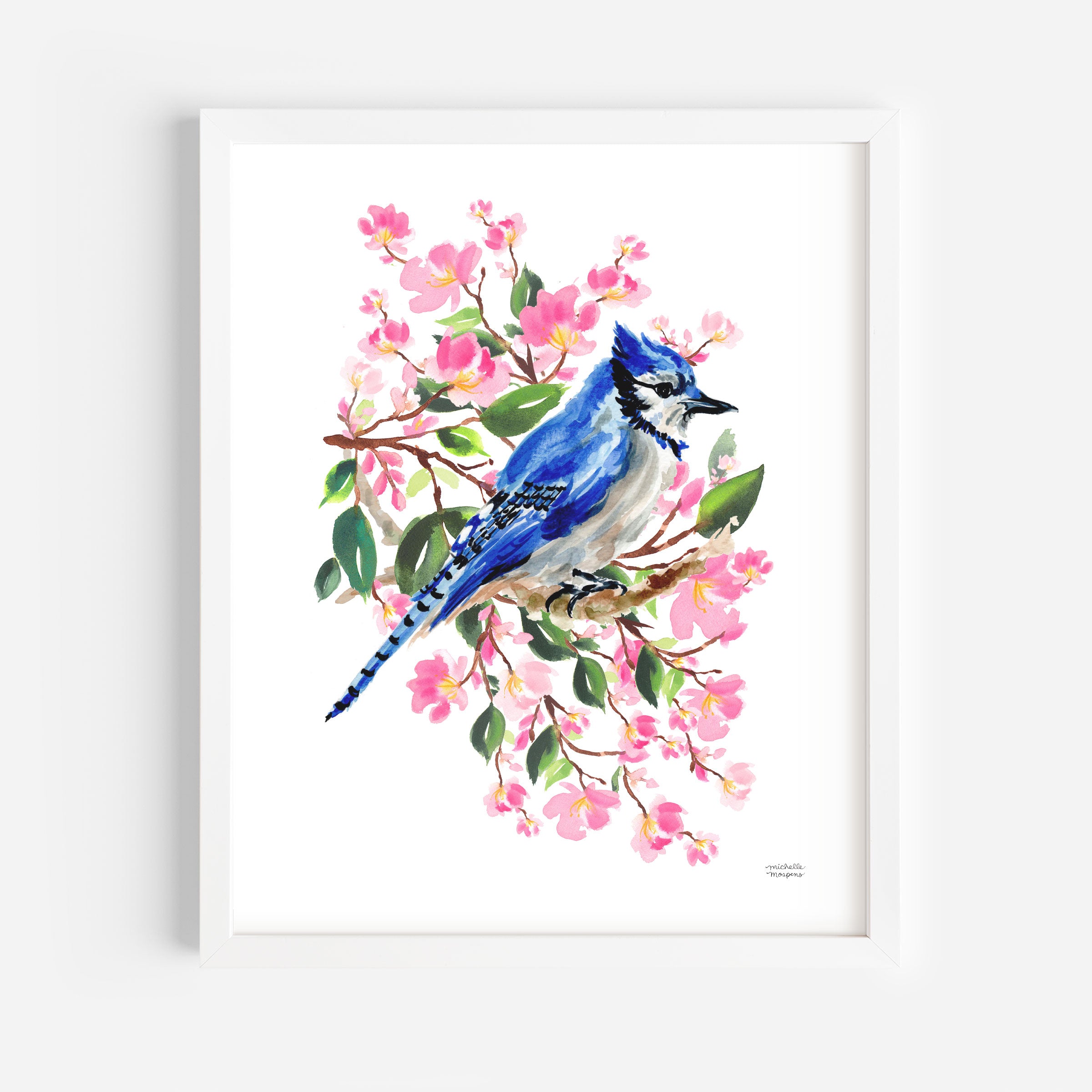 Blue Jay Bird and Cherry Blossoms Watercolor Wall Art Print by Michelle Mospens, Unframed