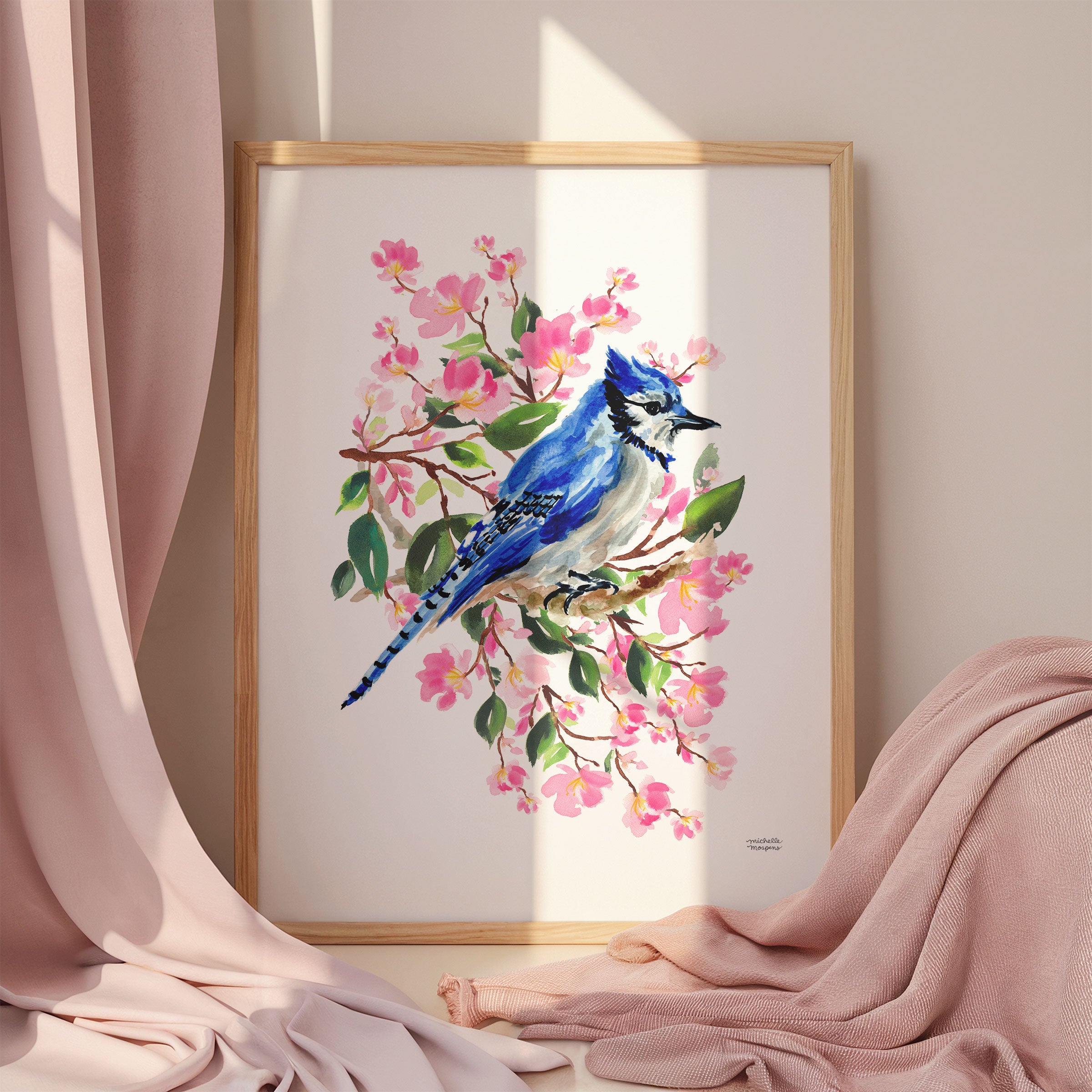 Blue Jay Bird and Cherry Blossoms Watercolor Wall Art Print by Michelle Mospens, Unframed