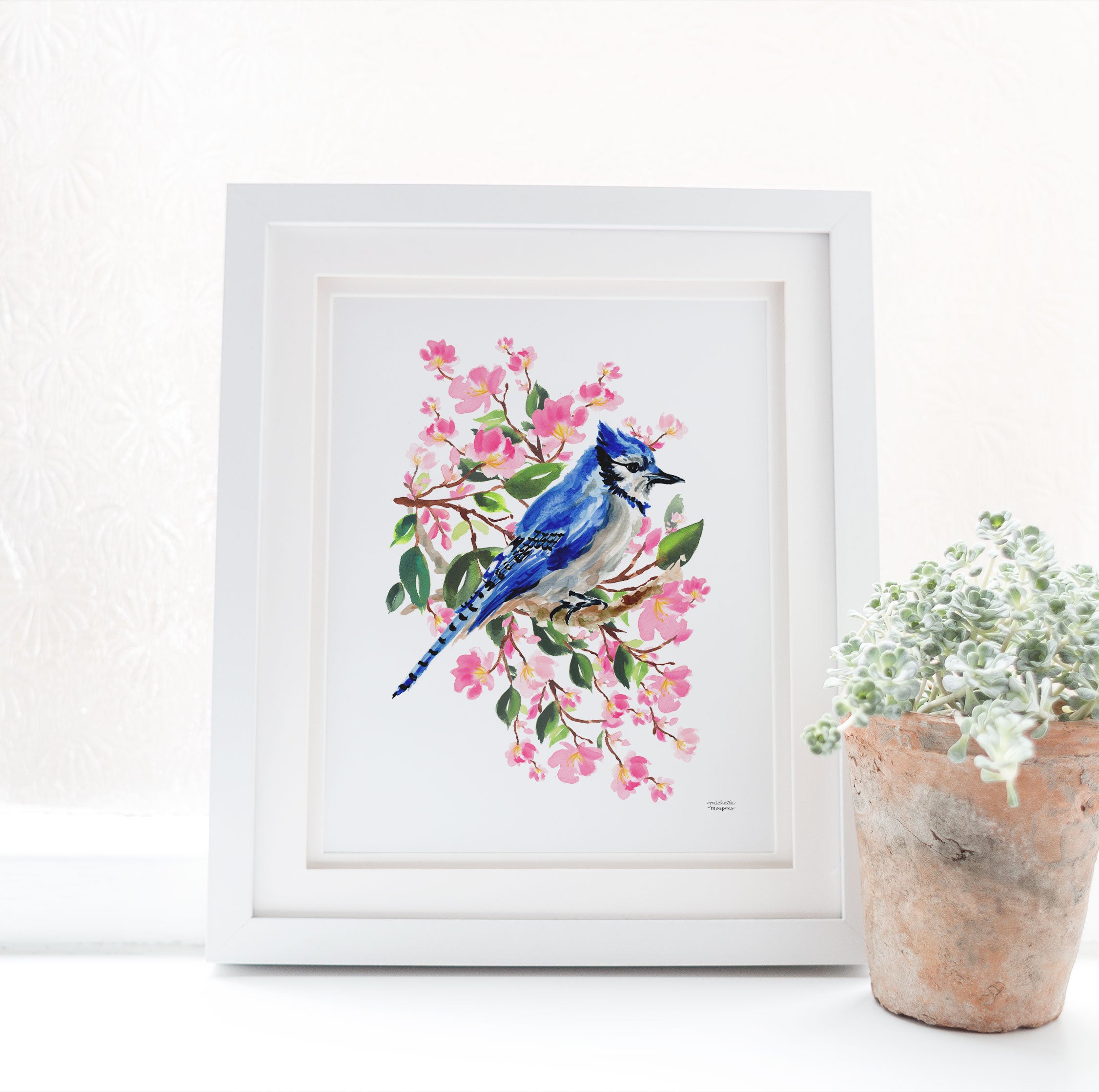 Blue Jay Bird and Cherry Blossoms Watercolor Wall Art Print by Michelle Mospens, Unframed