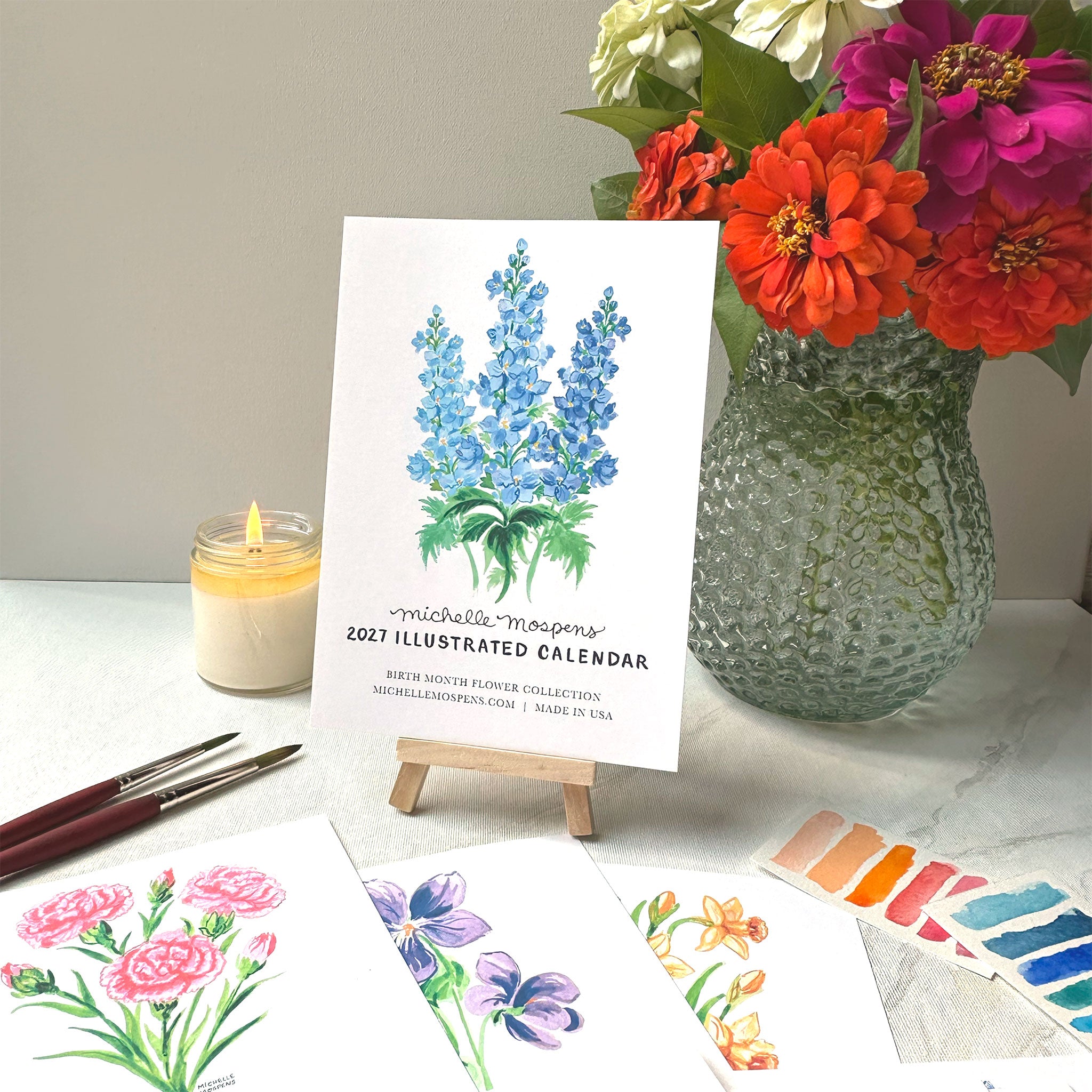 Watercolor Birth Month Flowers Mini Monthly 2027 Desk Calendar by Michelle Mospens