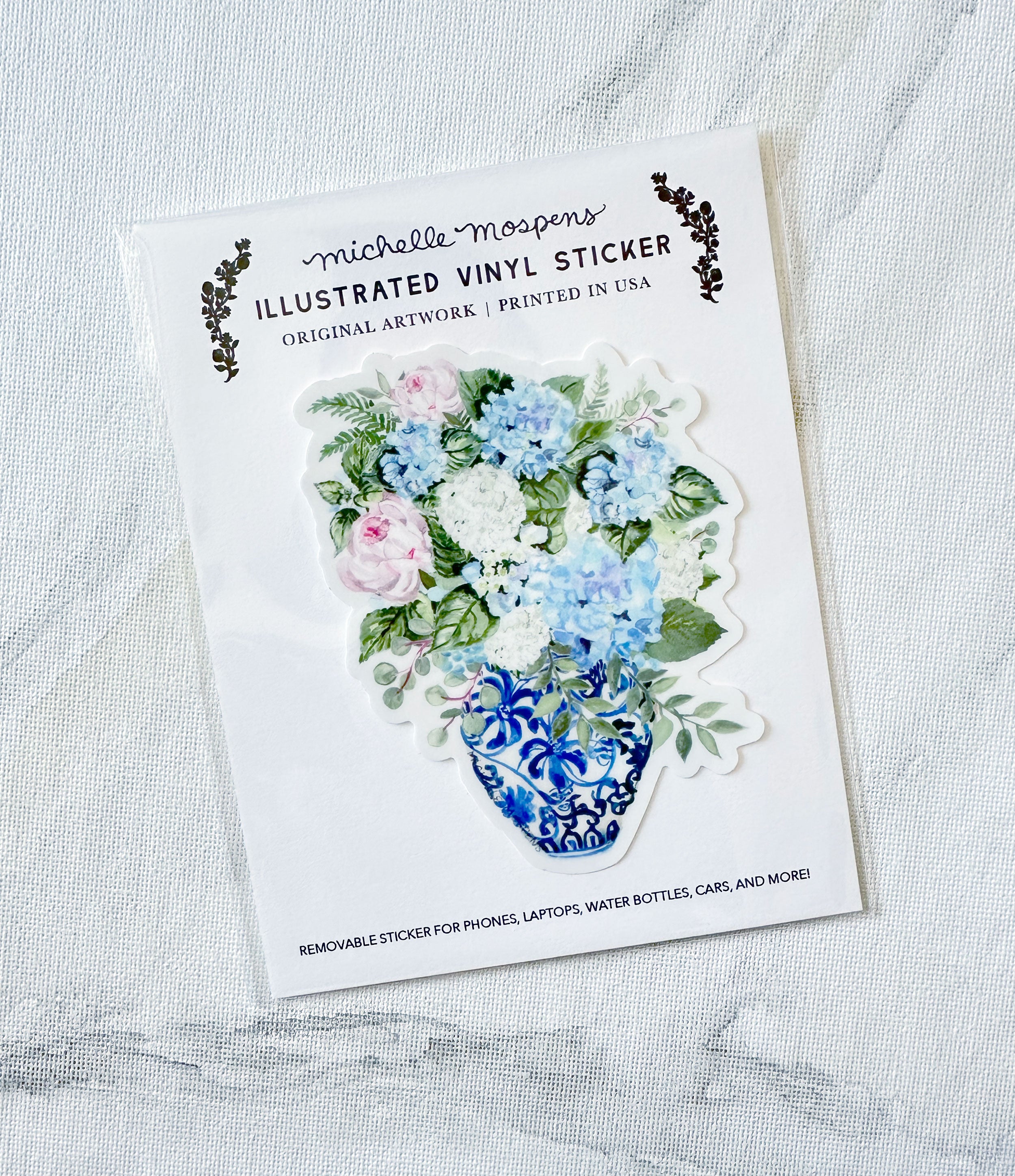 Watercolor Ginger Jar Hydrangea Bouquet Art Die-cut Vinyl Sticker, removable, for laptops, waterbottles, cars, and more!