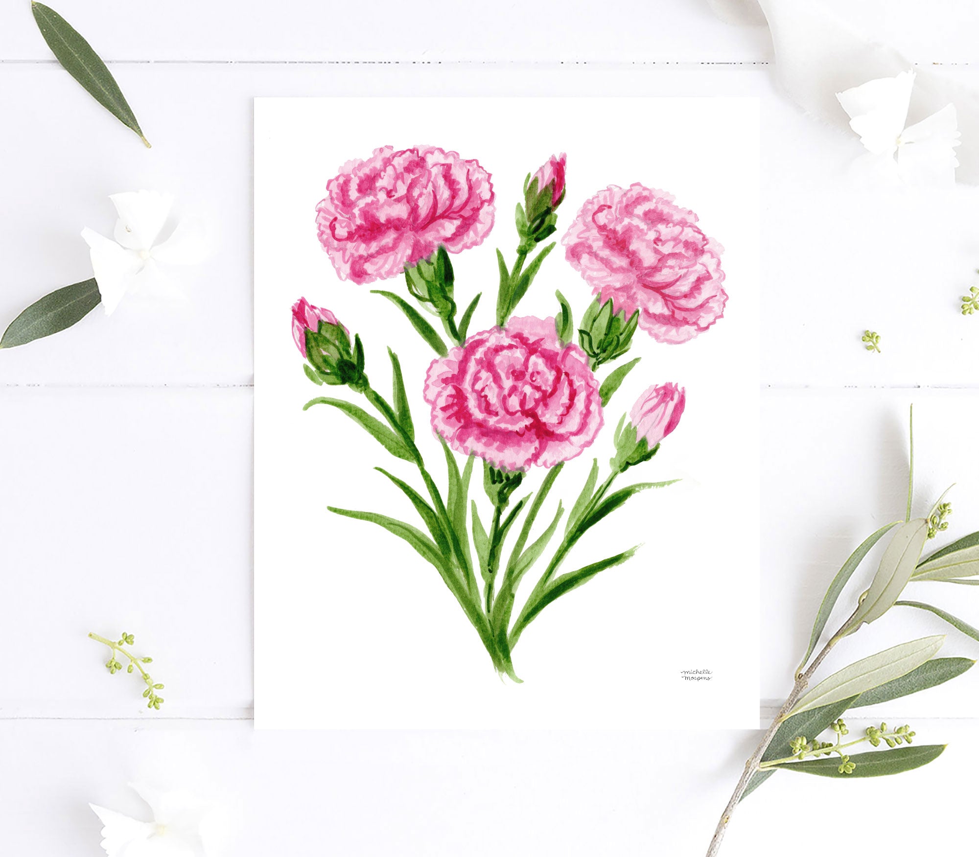 Pink Carnation Flowers Botanical Floral Watercolor Wall Art Print by Michelle Mospens