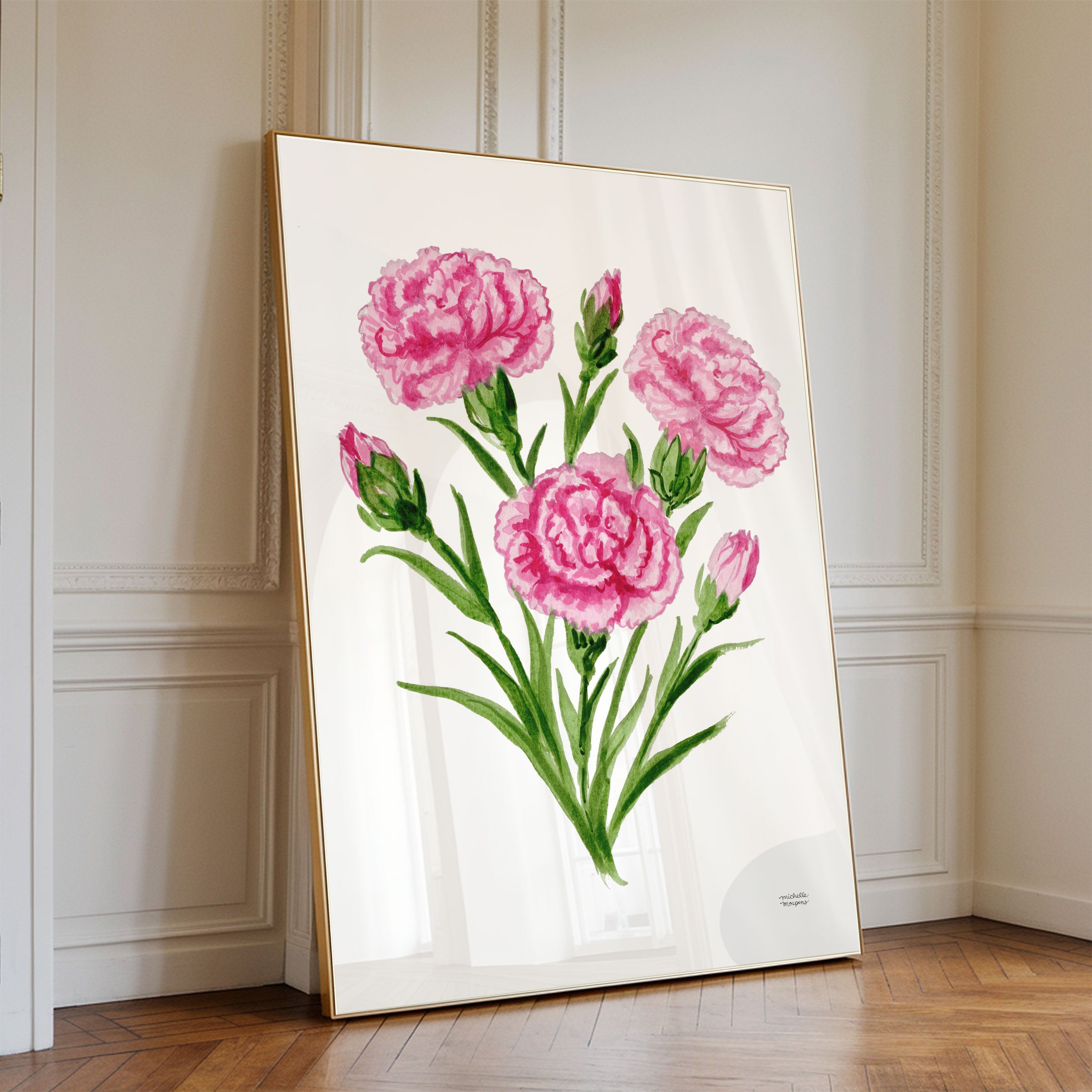 Pink Carnation Flowers Botanical Floral Watercolor Wall Art Print by Michelle Mospens