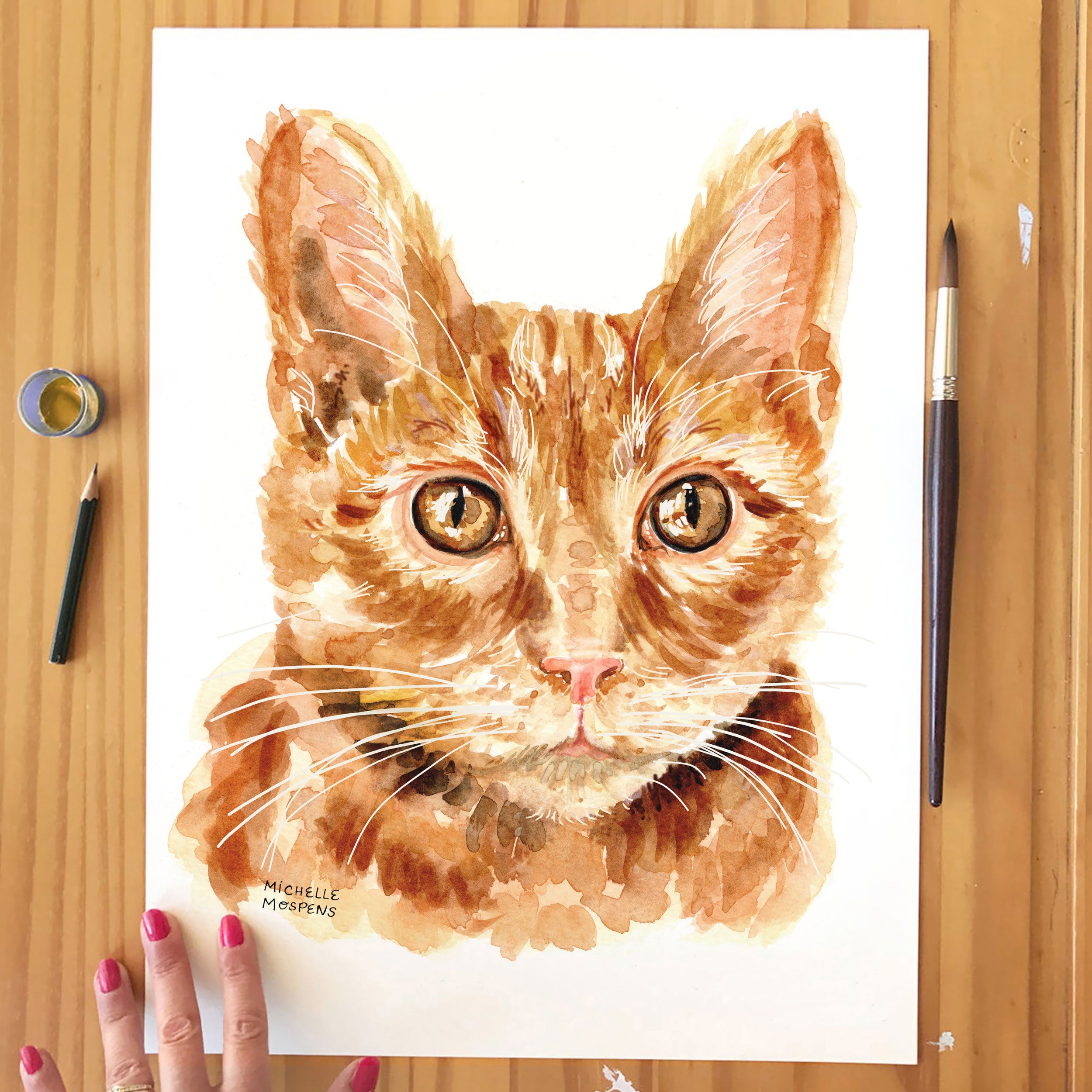 Ginger Tabby Cat Portrait Watercolor Wall Art Print by Michelle Mospens