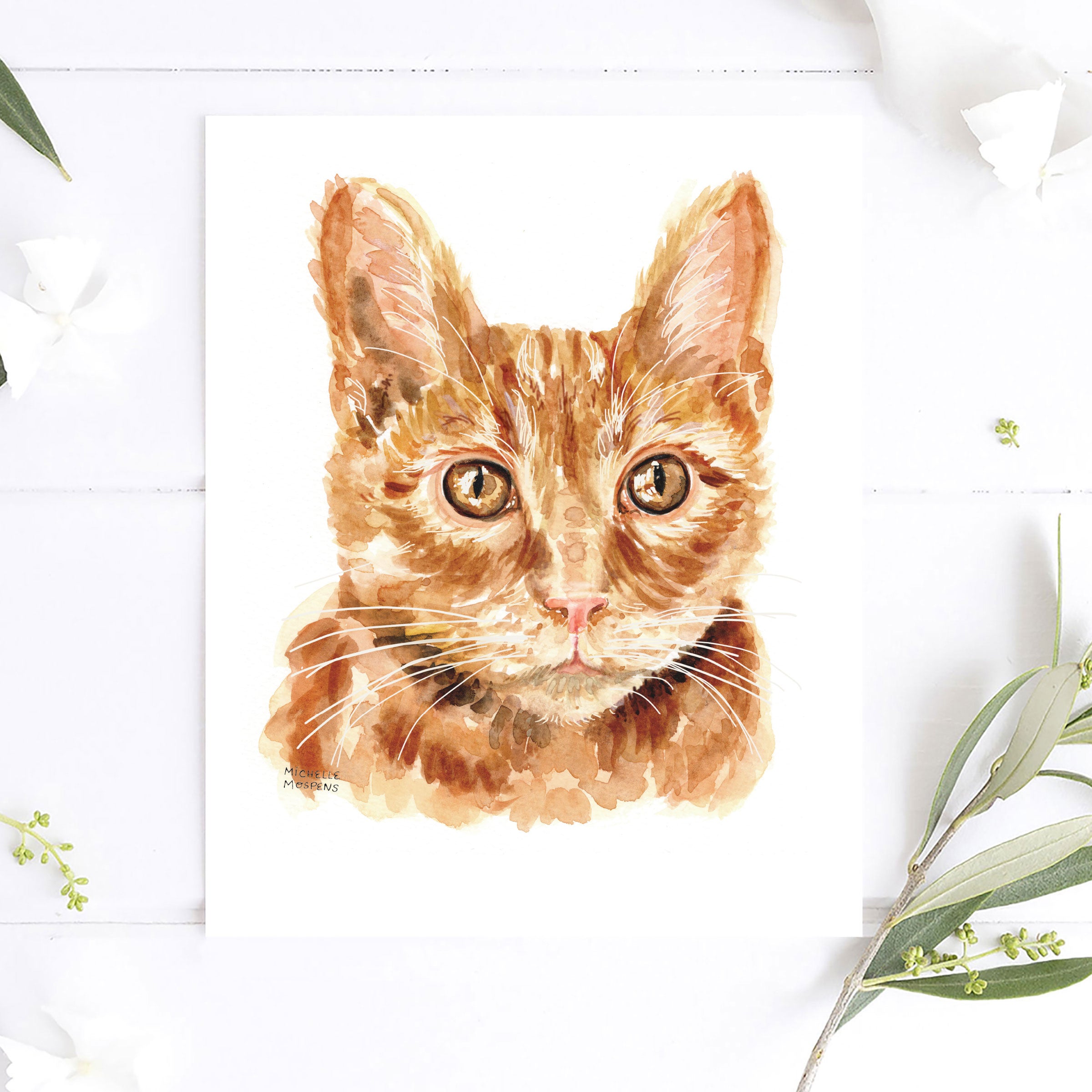 Ginger Tabby Cat Portrait Watercolor Wall Art Print by Michelle Mospens