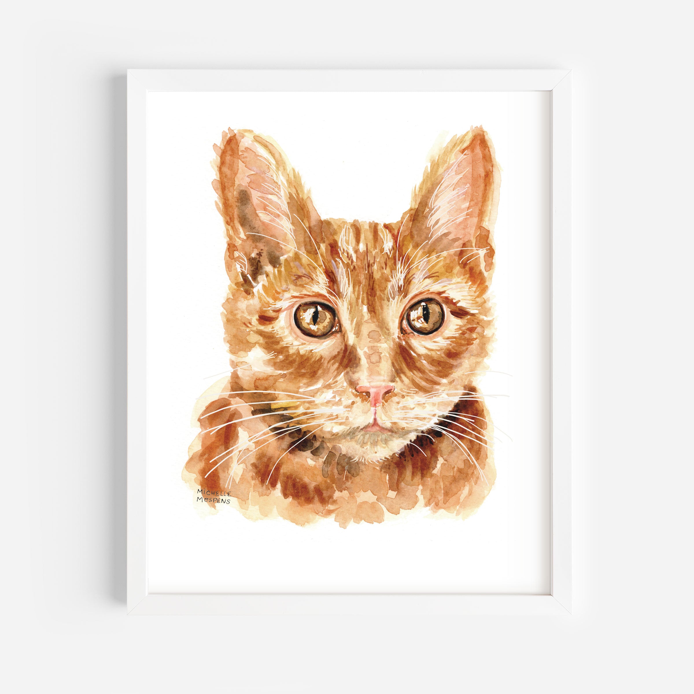 Ginger Tabby Cat Portrait Watercolor Wall Art Print by Michelle Mospens