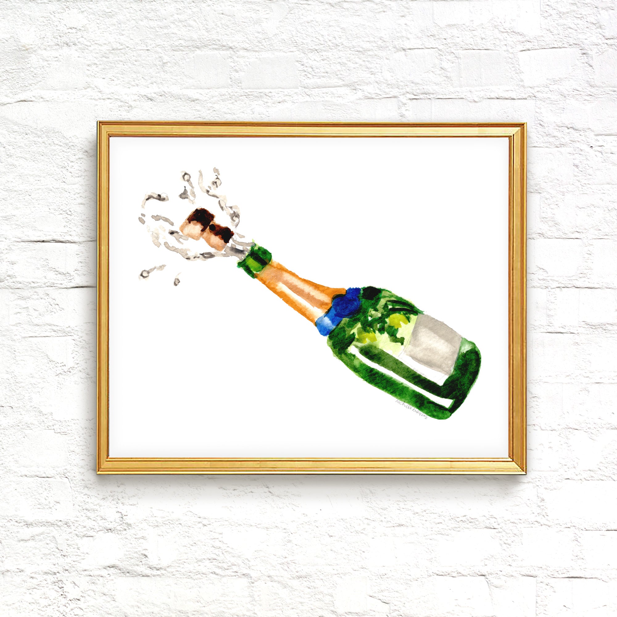 Watercolor Cheers Champagne Bottle Wall Art Print by Michelle Mospens