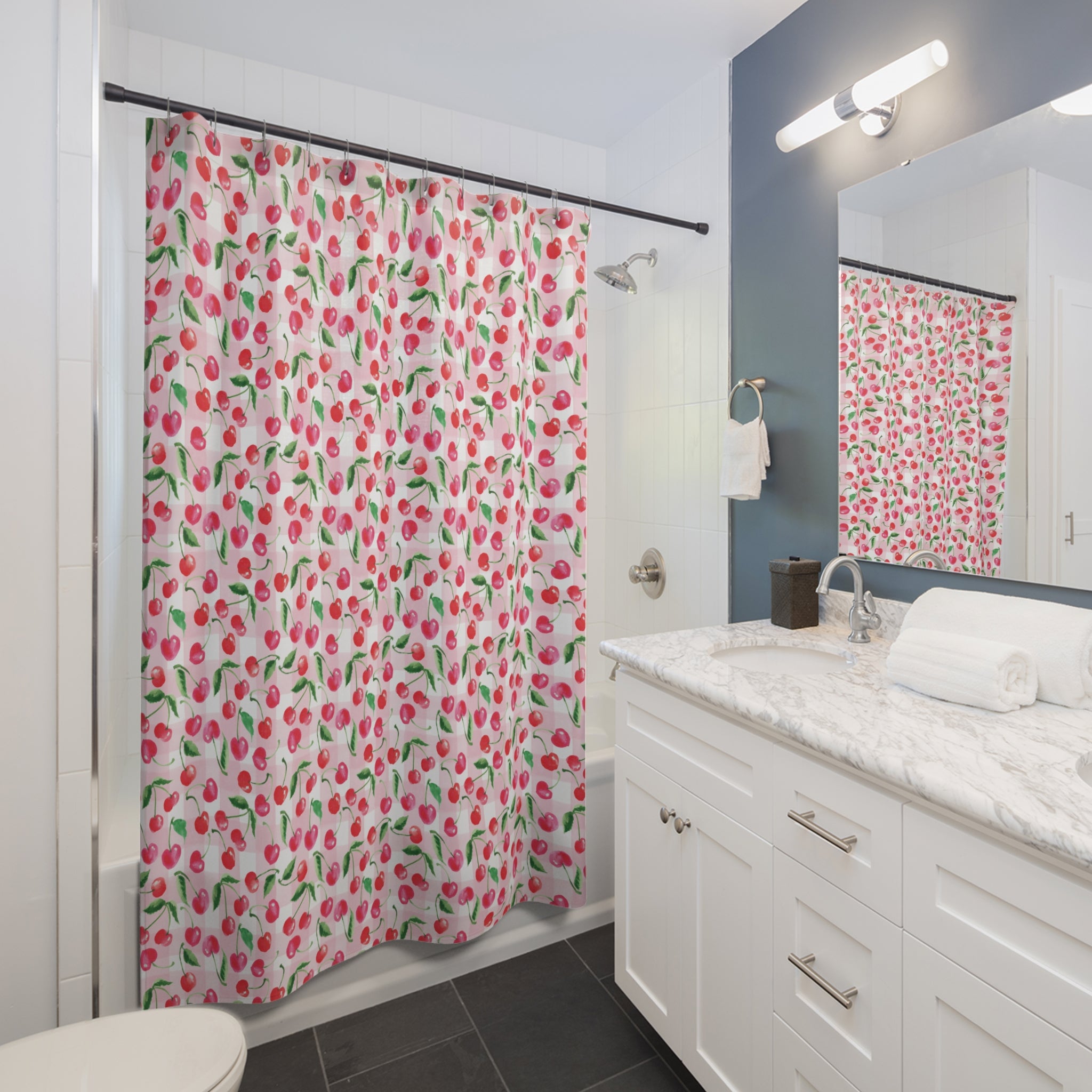 Watercolor Coquette Cottage Cherry Gingham Shower Curtain | Michelle Mospens