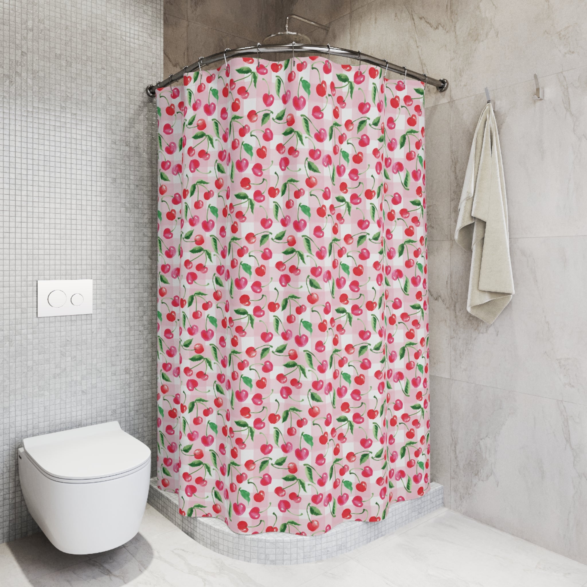 Watercolor Coquette Cottage Cherry Gingham Shower Curtain | Michelle Mospens