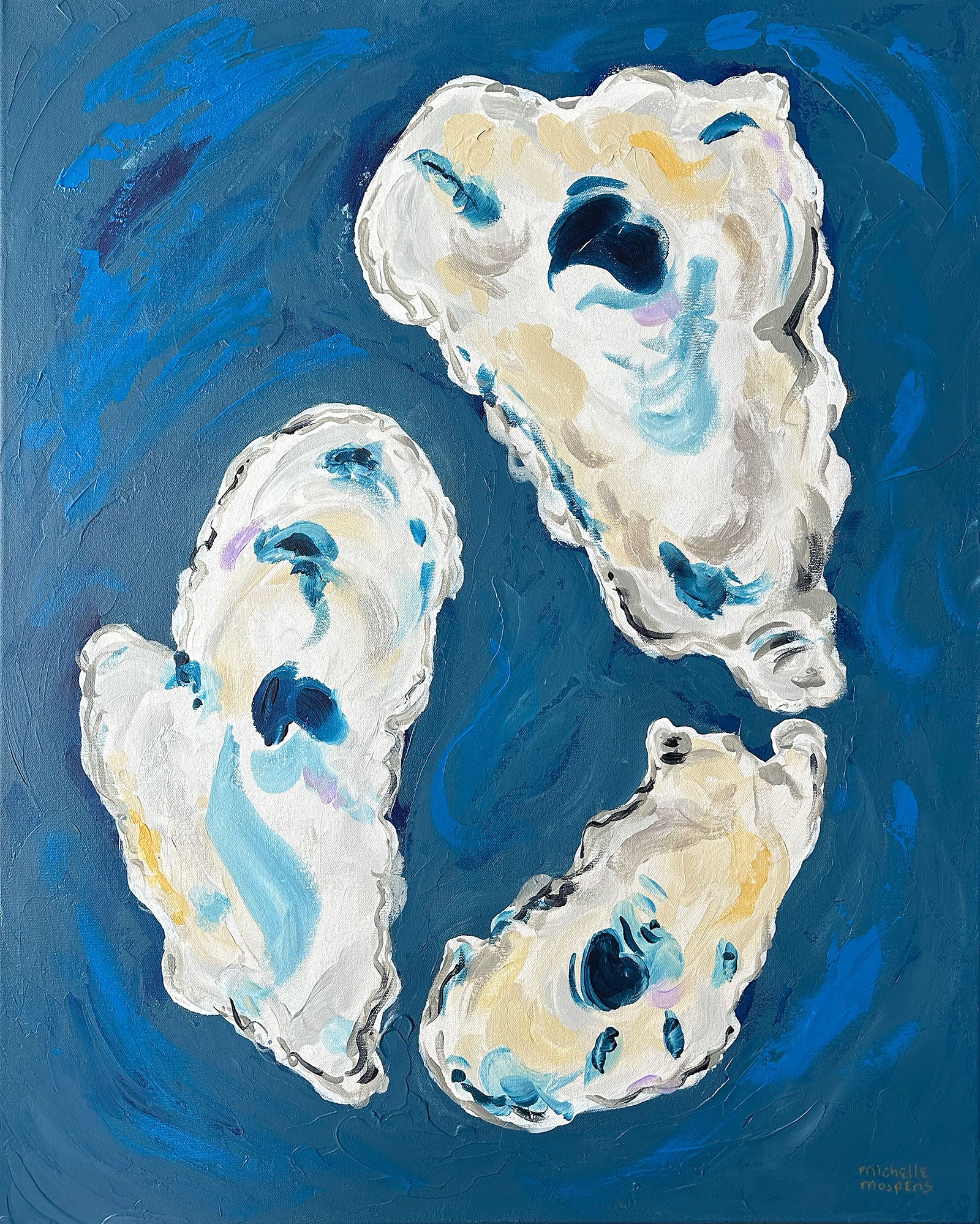Coastal Trio | Blue Oyster Shells Original Large Canvas Painting