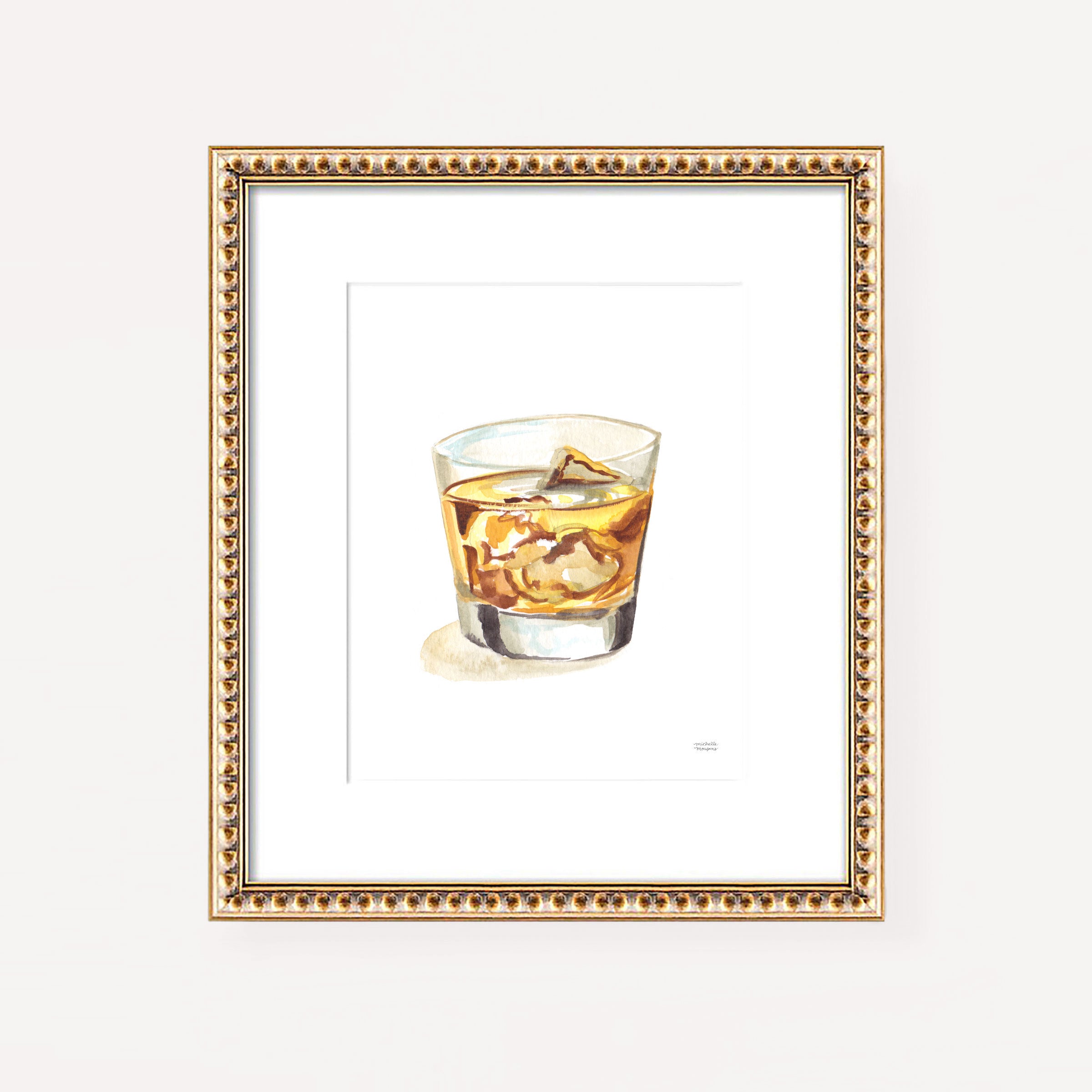 Whiskey On The Rocks Watercolor Bar Cart Decor Unframed Cocktail Wall Art Print - Michelle Mospens