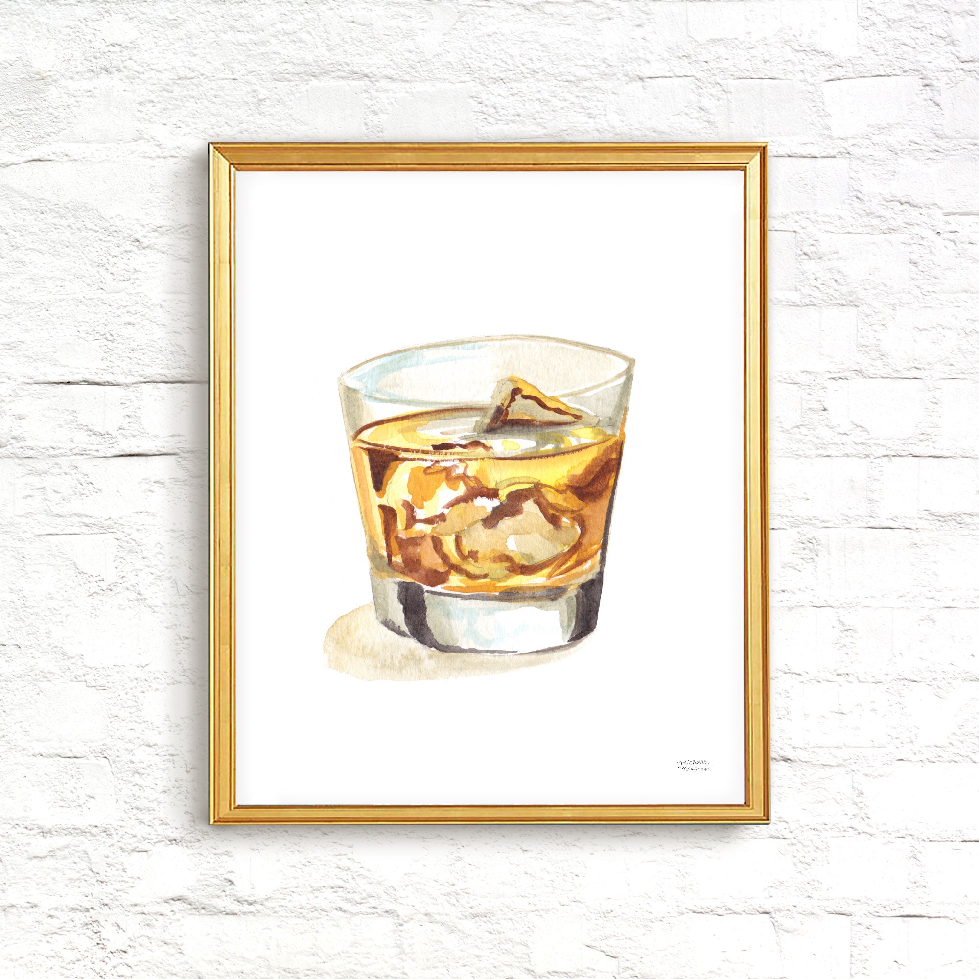 Whiskey On The Rocks Watercolor Bar Cart Decor Unframed Cocktail Wall Art Print - Michelle Mospens