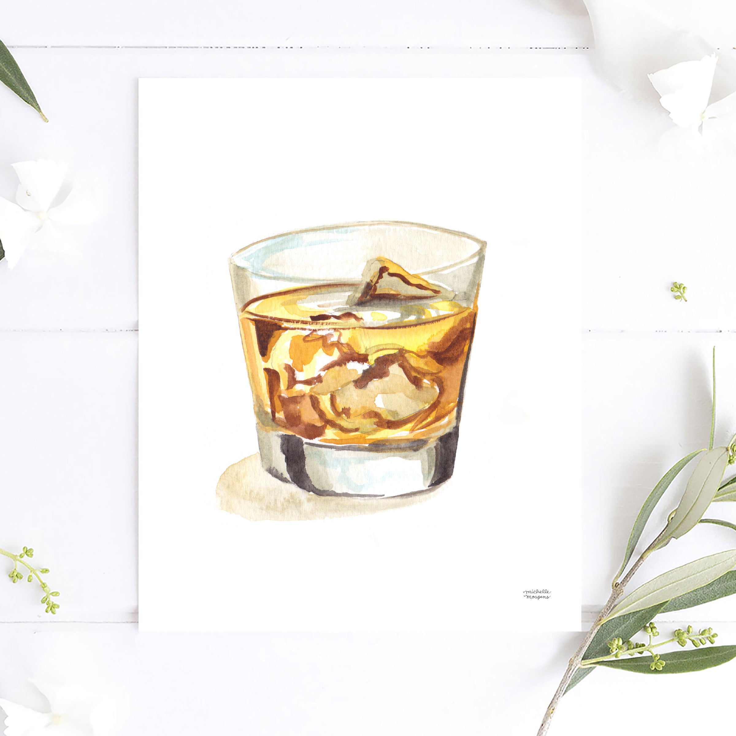 Whiskey On The Rocks Watercolor Bar Cart Decor Unframed Cocktail Wall Art Print - Michelle Mospens