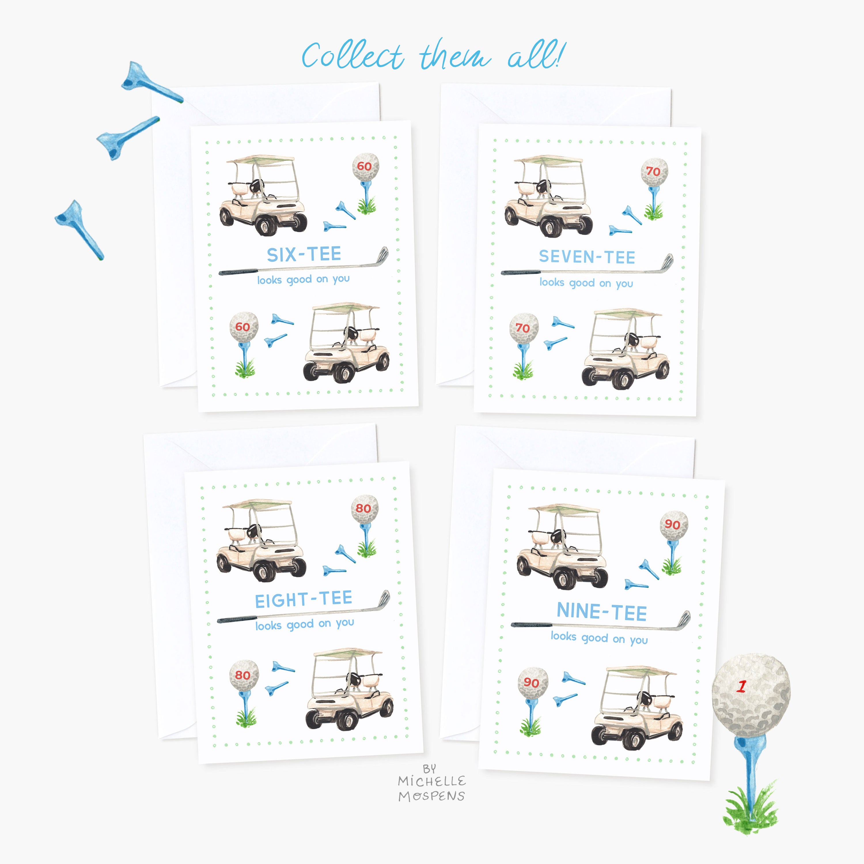 Watercolor Six-Tee 60th Golf Theme Birthday Card