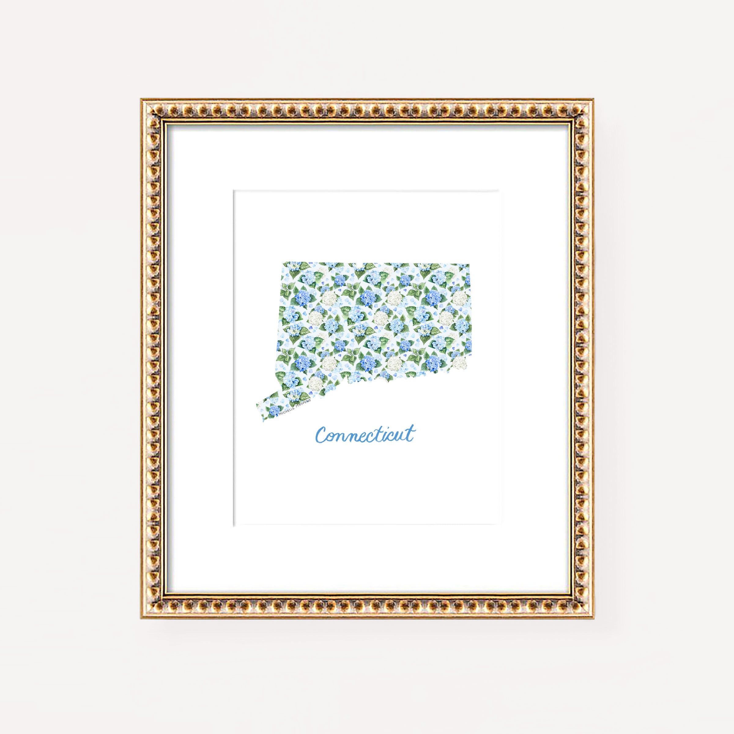 Watercolor hydrangea floral map of Connecticut wall art print on a white coverstock, unframed, cute Connecticut gift