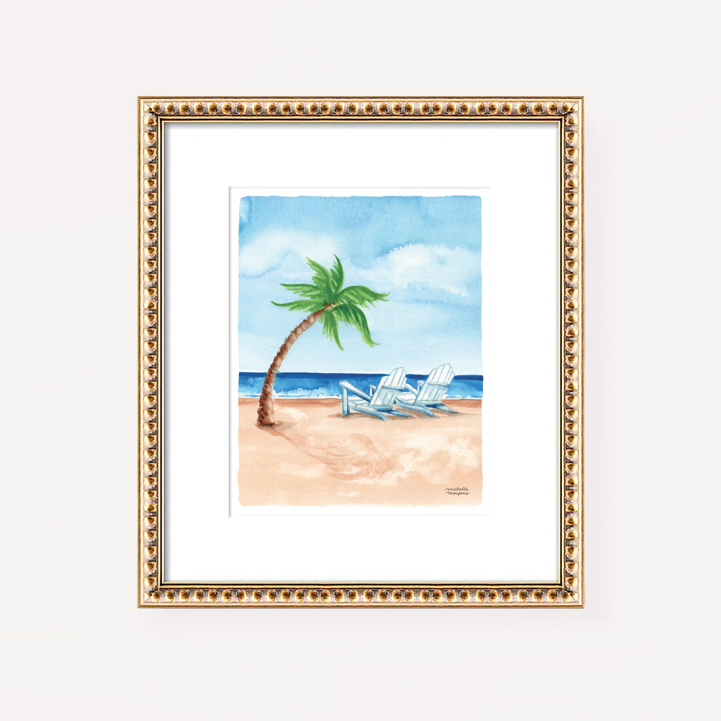 Watercolor Beach Scene Seaside Ocean Palm Tree Coastal Wall Art Print - Michelle Mospens