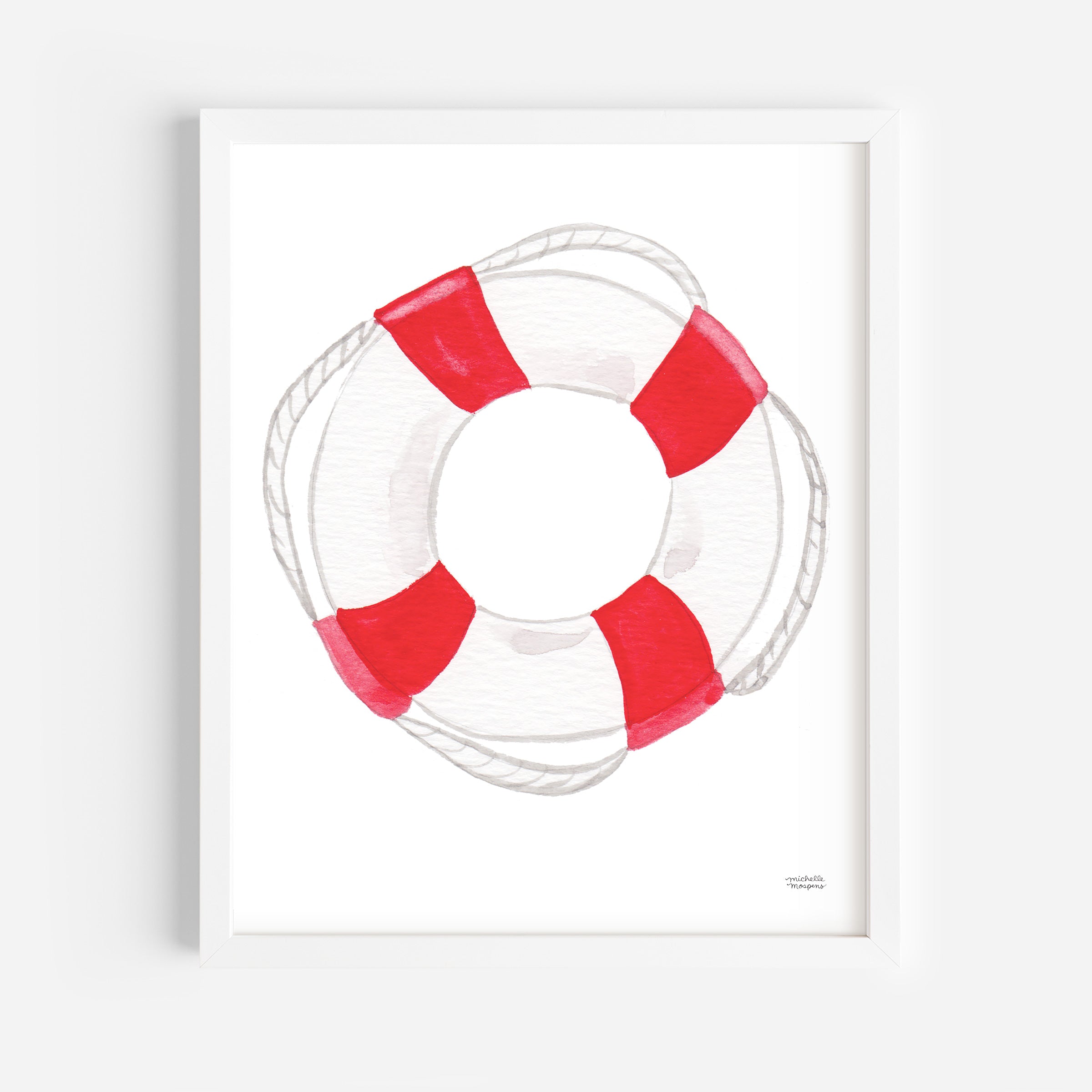 Cute Nautical Life Preserver Watercolor Wall Art Print by Michelle Mospens Nursery Kids Room Decor