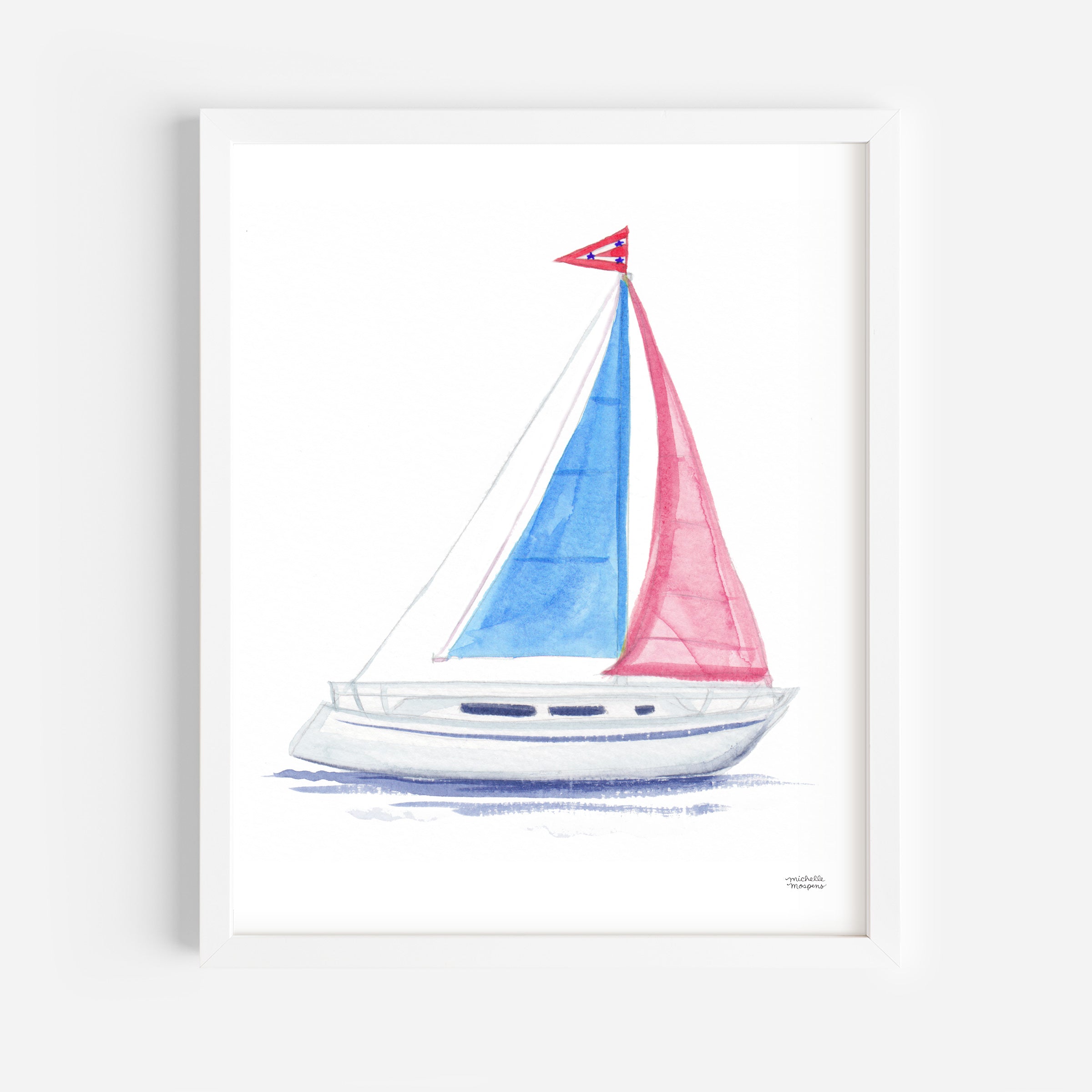 Cute Watercolor Sailboat Wall Art Print by Michelle Mospens Nursery Kids Room Decor